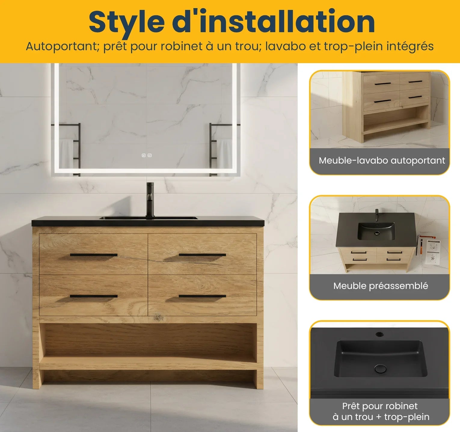 48" Rough Oak Freestanding Bathroom Vanity with Black Engineered Quartz Countertop