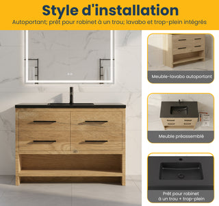 Meuble-lavabo autoportant en chêne brut de 48" avec Comptoir en quartz noir reconstitué