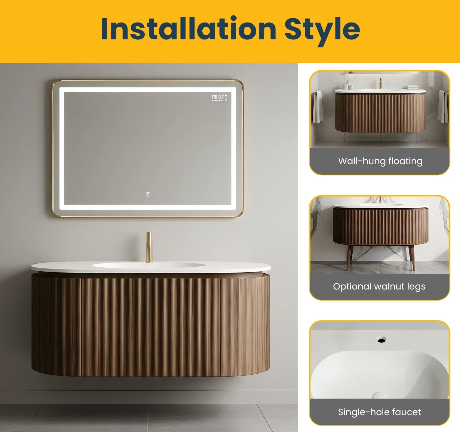 Meuble-lavabo 48 po en noyer courbé et cannelé - Comptoir blanc mat