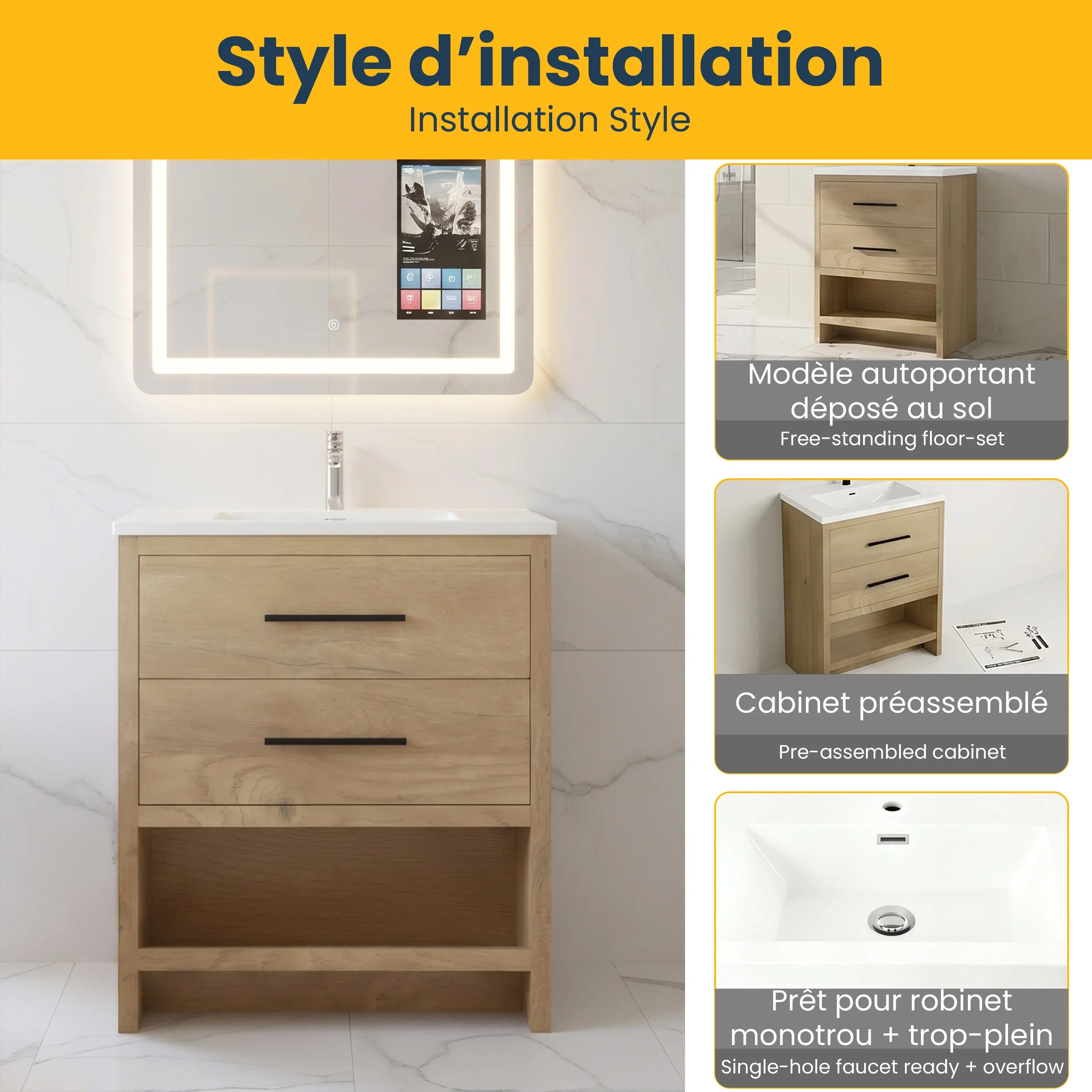 30" Rough Oak Freestanding Bathroom Vanity with White Polymarble Countertop