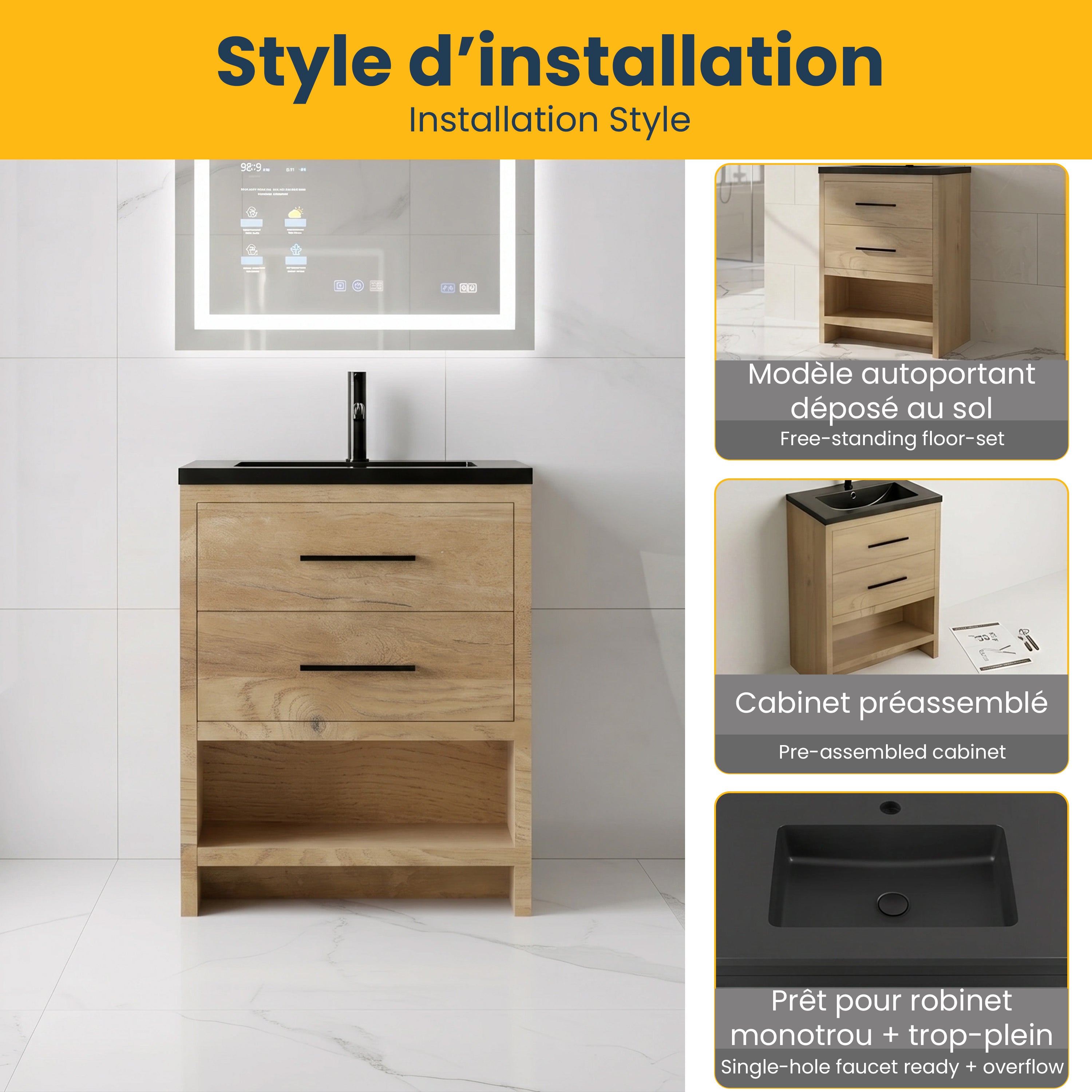 24" Rough Oak Freestanding Bathroom Vanity with Black Engineered Quartz Countertop