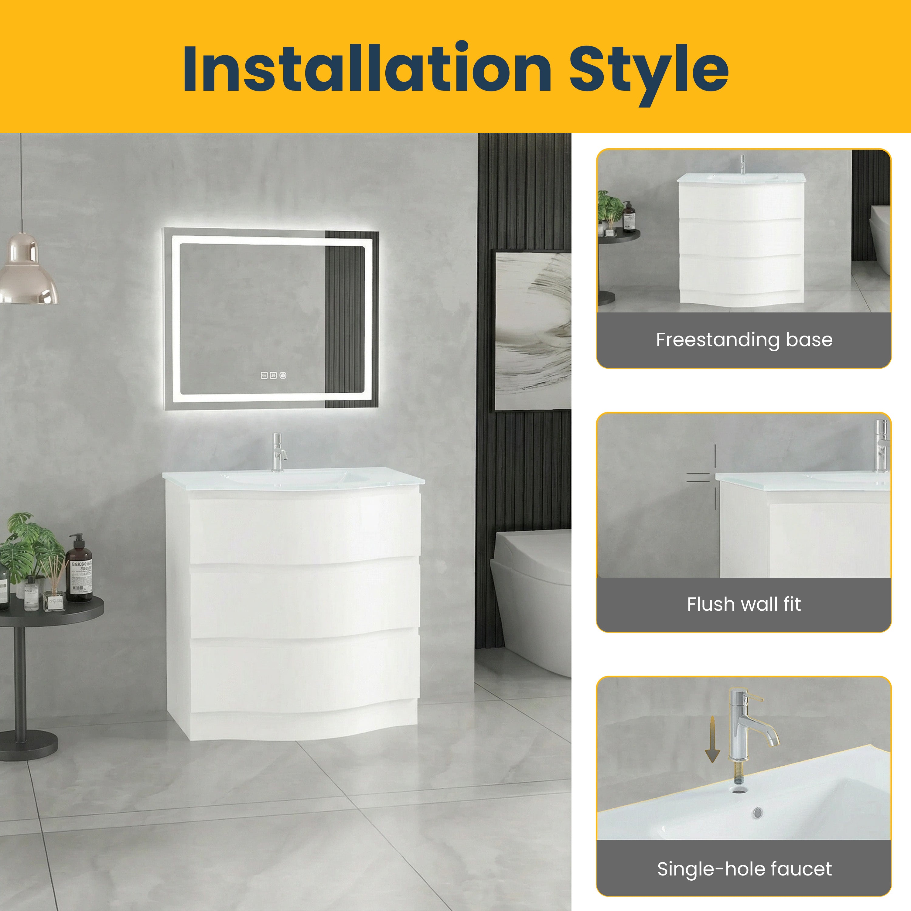 30" Matte White Freestanding Single Sink Bathroom Vanity with White Glass Countertop