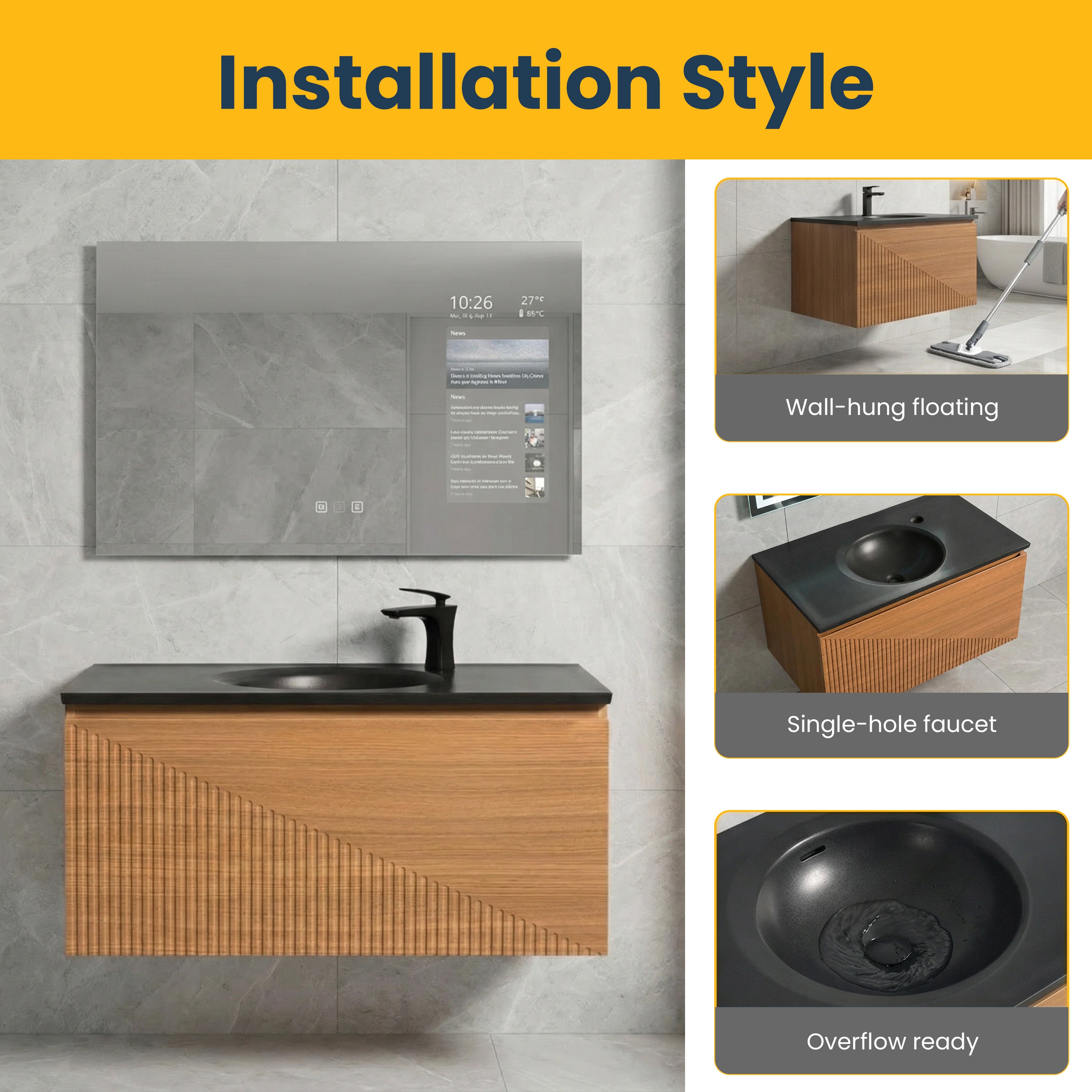 Meuble-Lavabo Mural 36po Chêne Clair avec Comptoir de Quartz d'ingénierie Noir