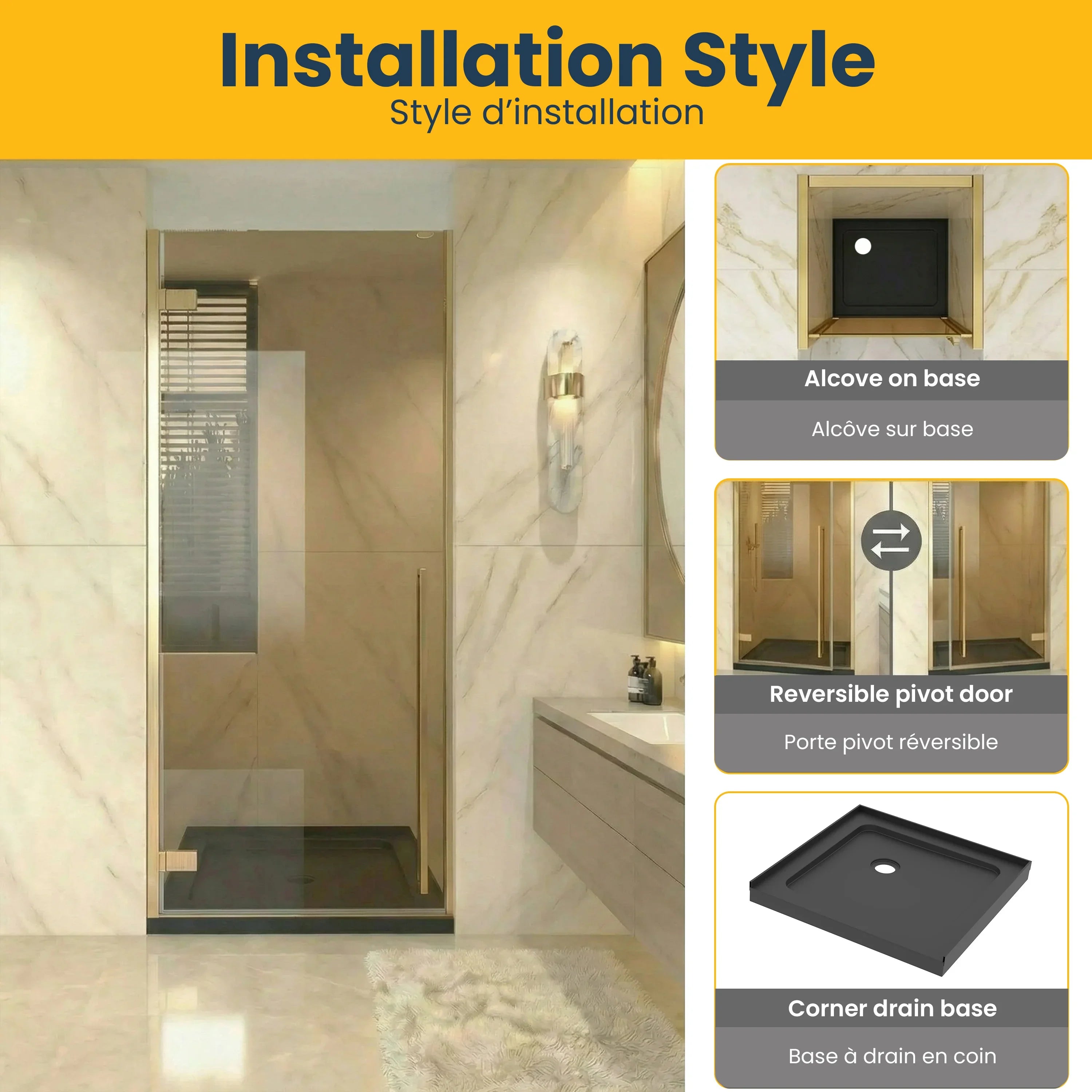 Porte de douche pivotante réversible or brossé 32po x 79po avec verre teinté brun et base de douche noire brillante 32po x 32po