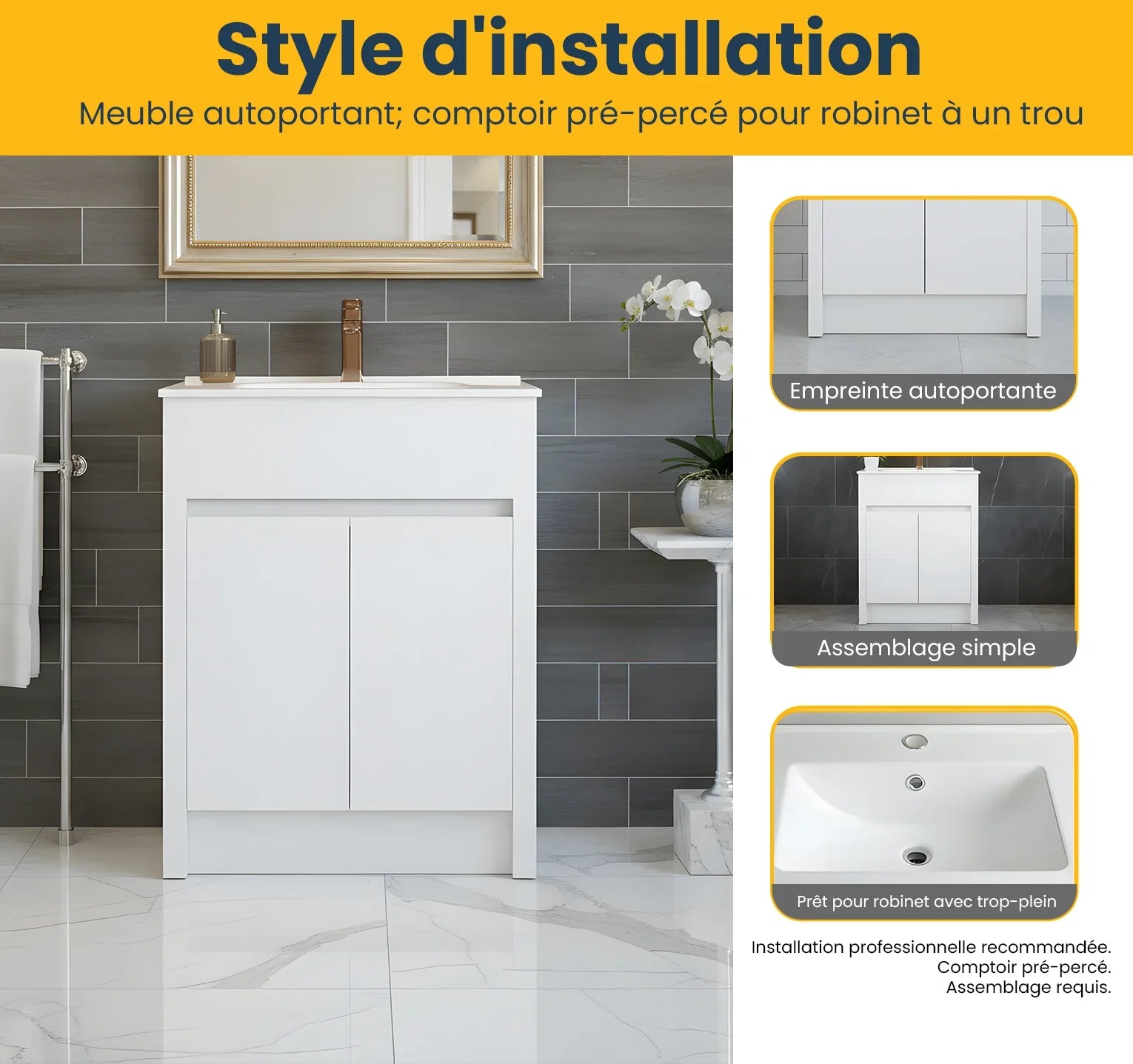 Meuble-Lavabo Autoportant 24po Blanc Mat avec Comptoir de Céramique Blanc