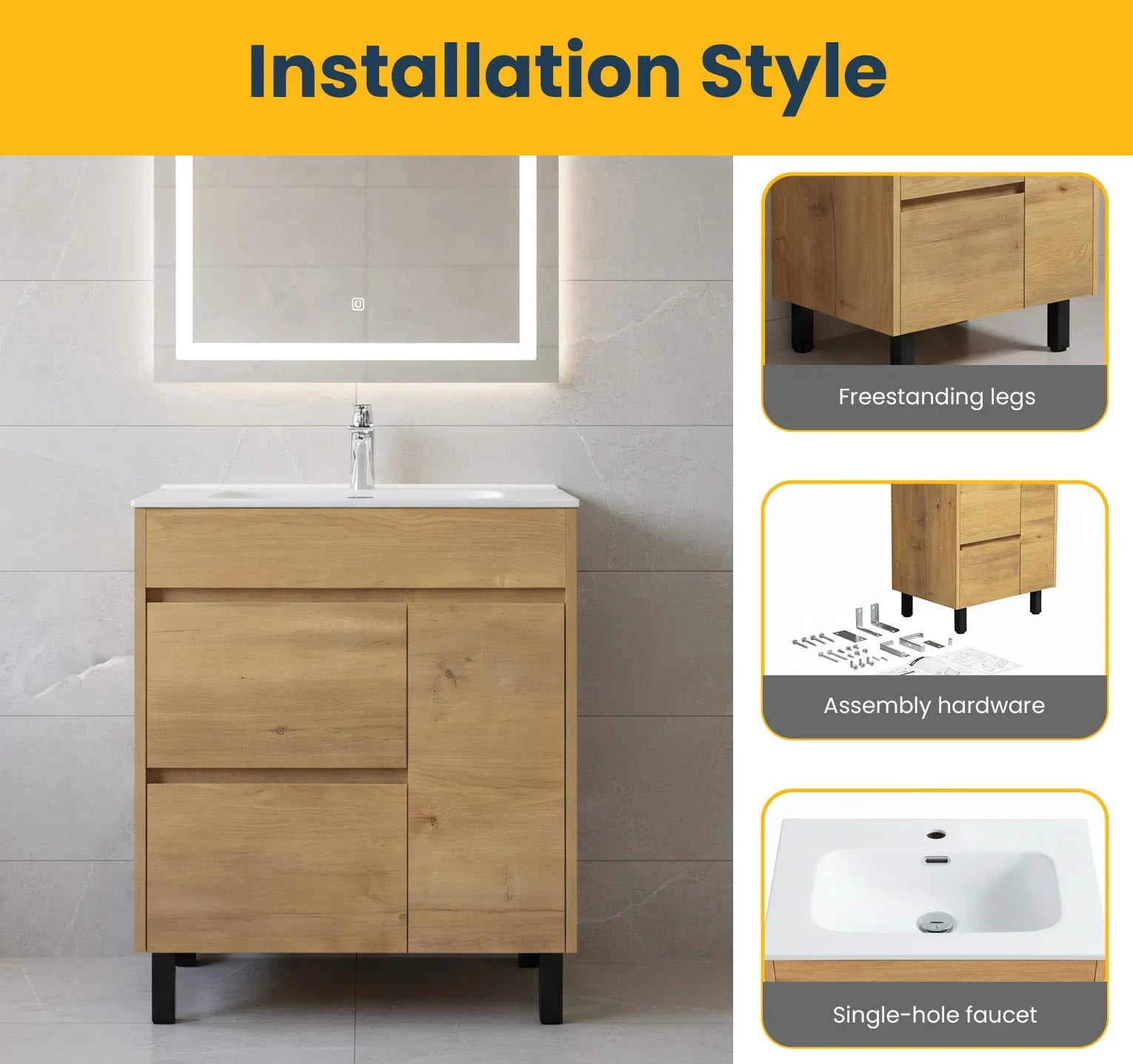 30" Frosted Oak Freestanding Bathroom Vanity with White Ceramic Countertop