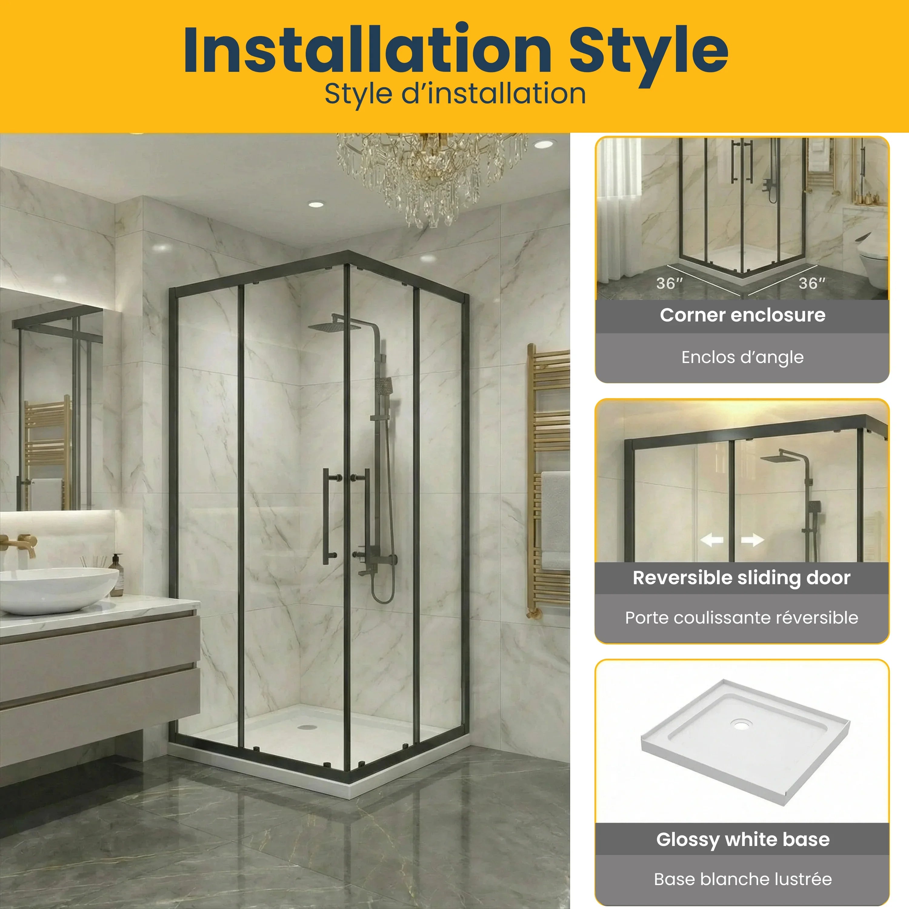 Porte de douche coin coulissante 36po x 36po noir mat avec base acrylique blanche