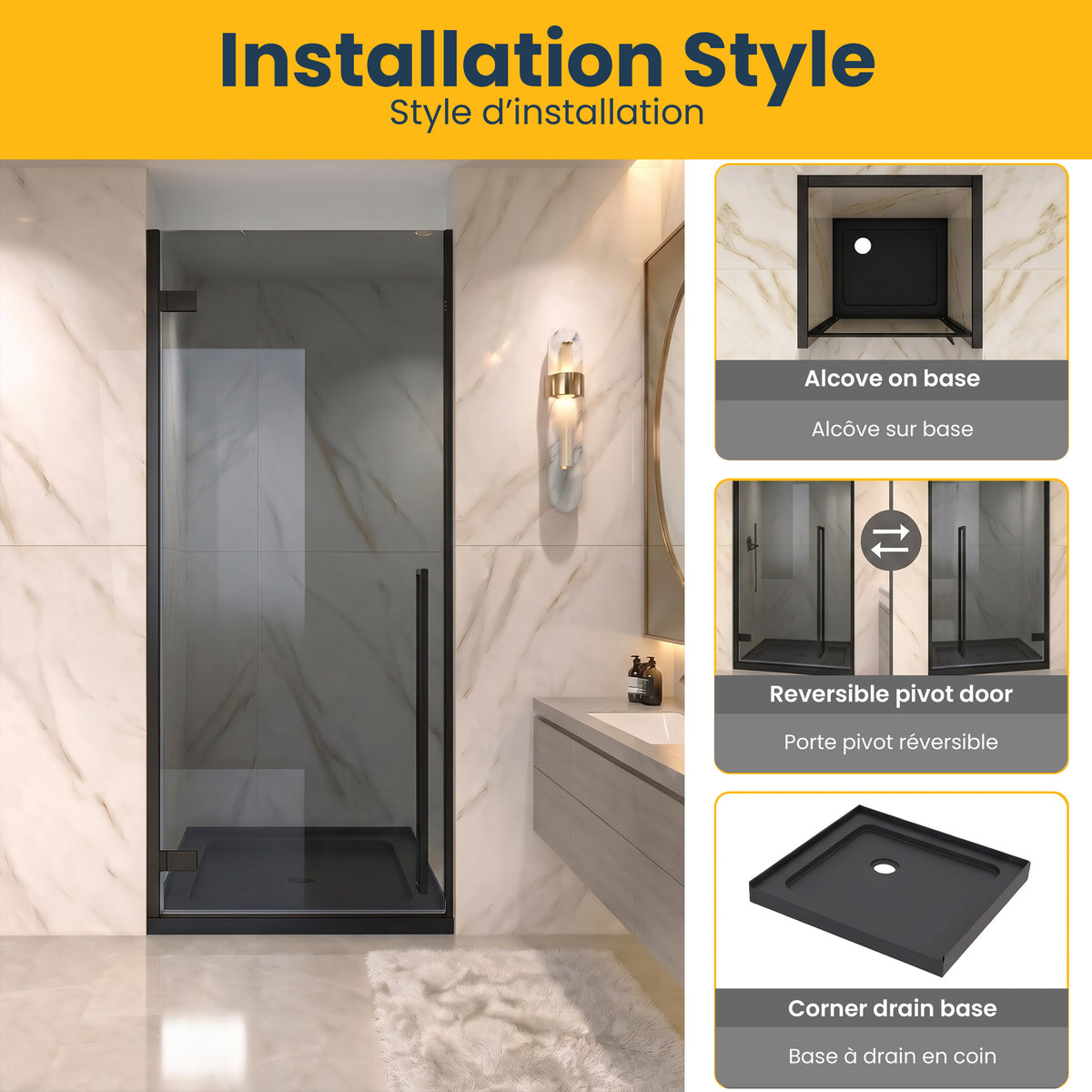 29.9"–30.3" W (Adjustable Width) x 79" H Frameless Reversible Pivot Shower Door in Matte Black with Black Tinted Glass and 32" Glossy Black Acrylic Shower Base