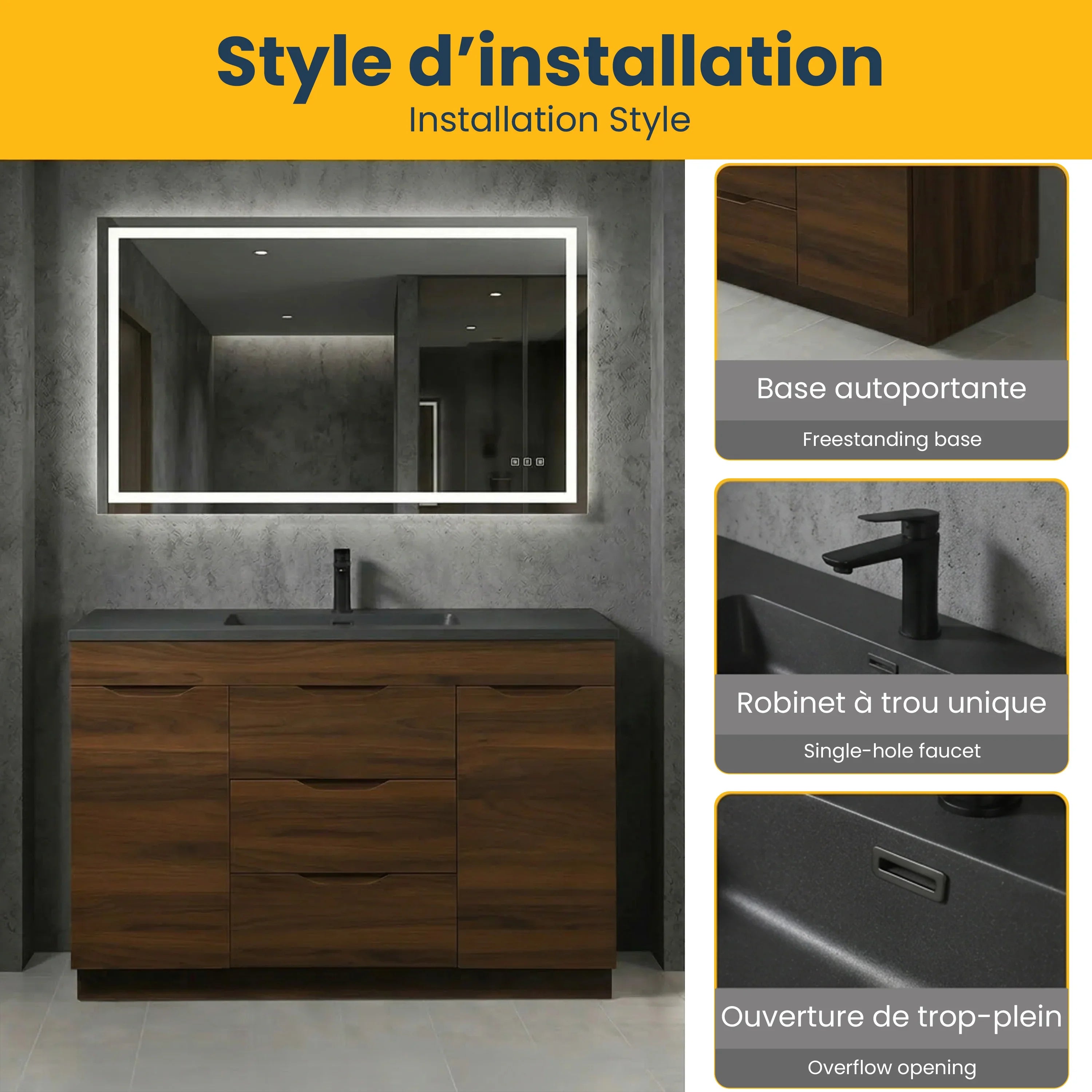 48" Walnut Freestanding Bathroom Vanity with Black Engineered Quartz Countertop