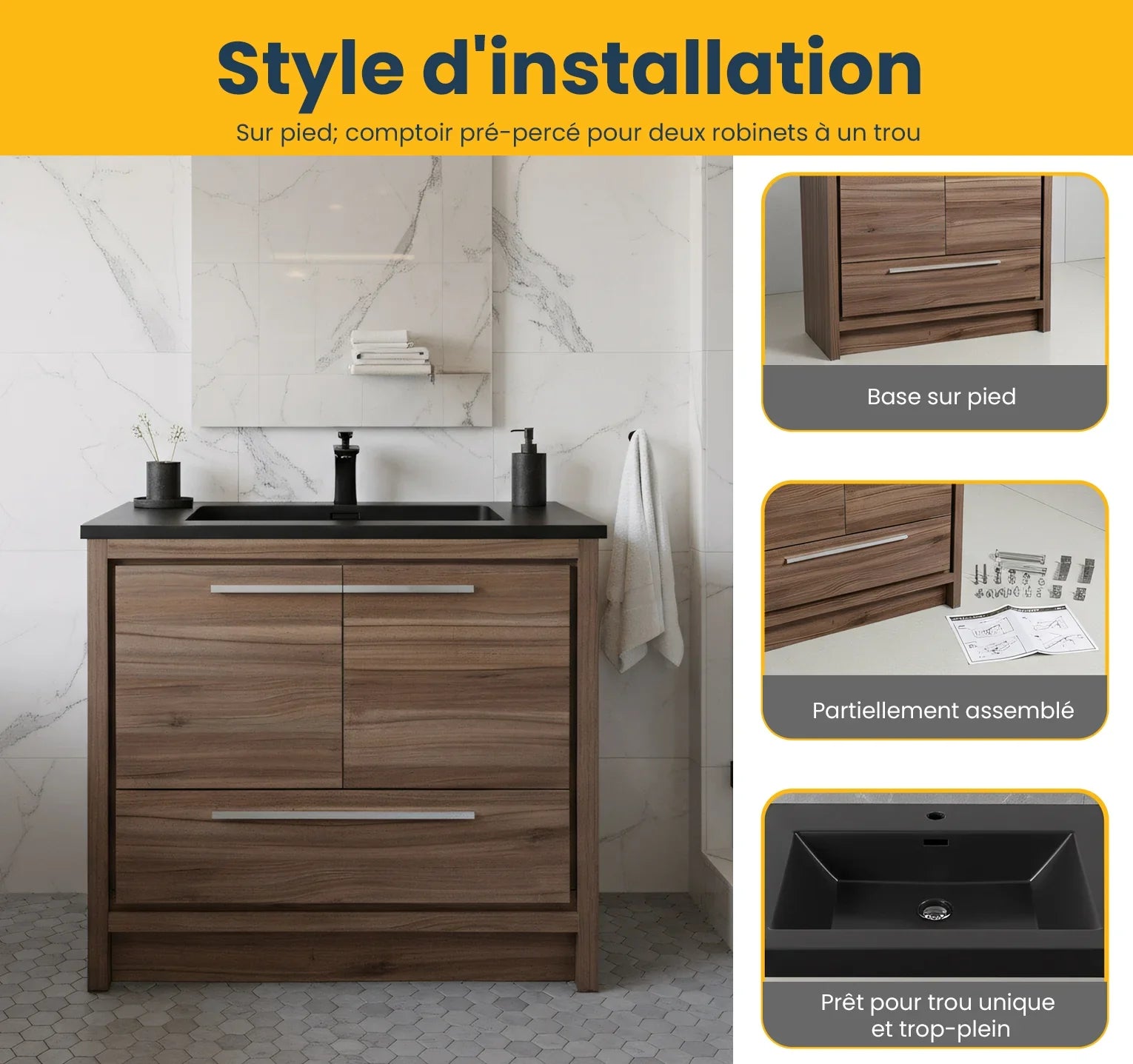 36" Walnut Freestanding Bathroom Vanity with Black Engineered Quartz Countertop