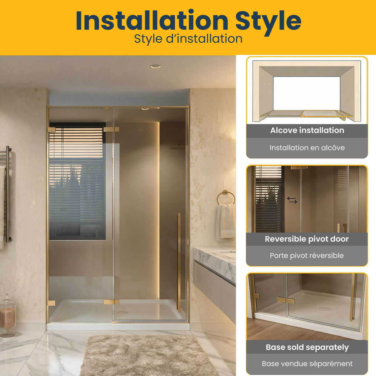 57.6"–58" W (Adjustable Width) x 79" H Frameless Reversible Pivot Shower Door in Brushed Gold with Brown Tinted Glass