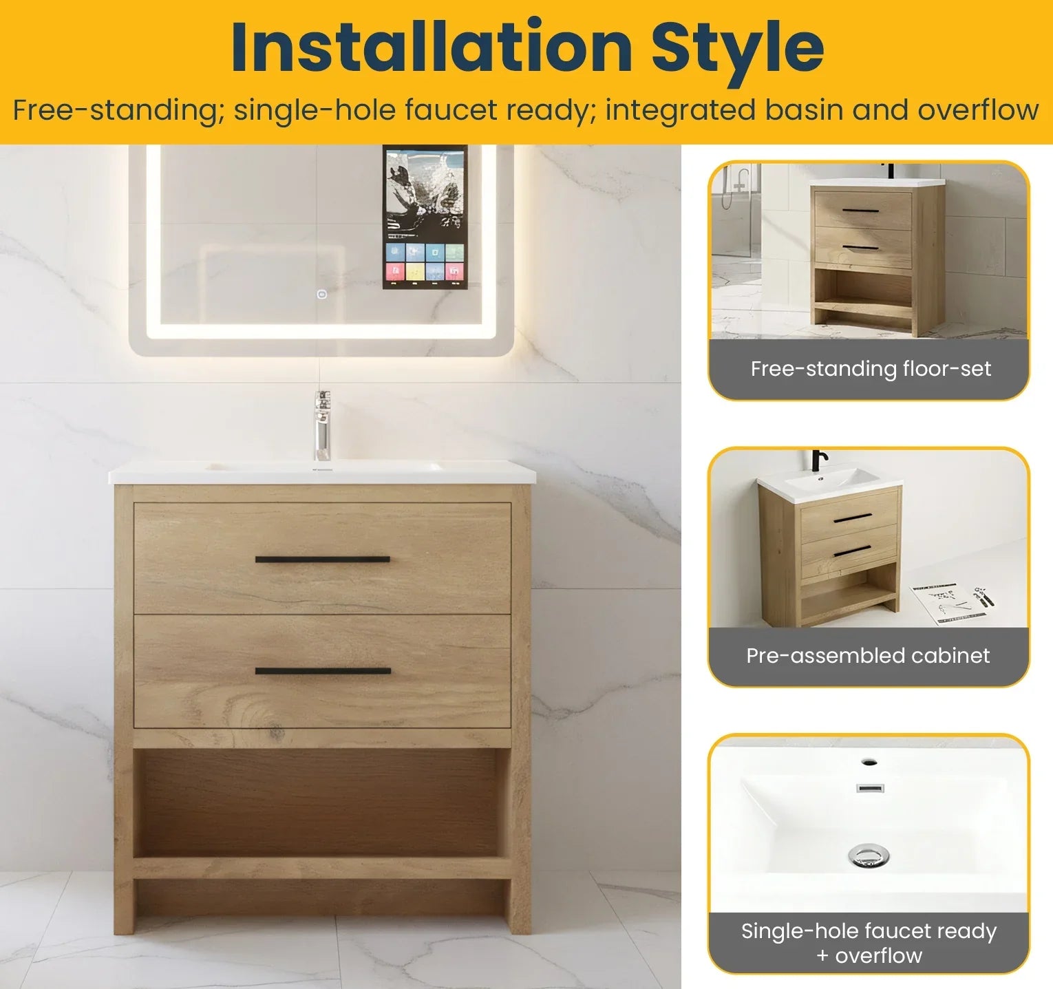 30" Rough Oak Freestanding Bathroom Vanity with White Polymarble Countertop