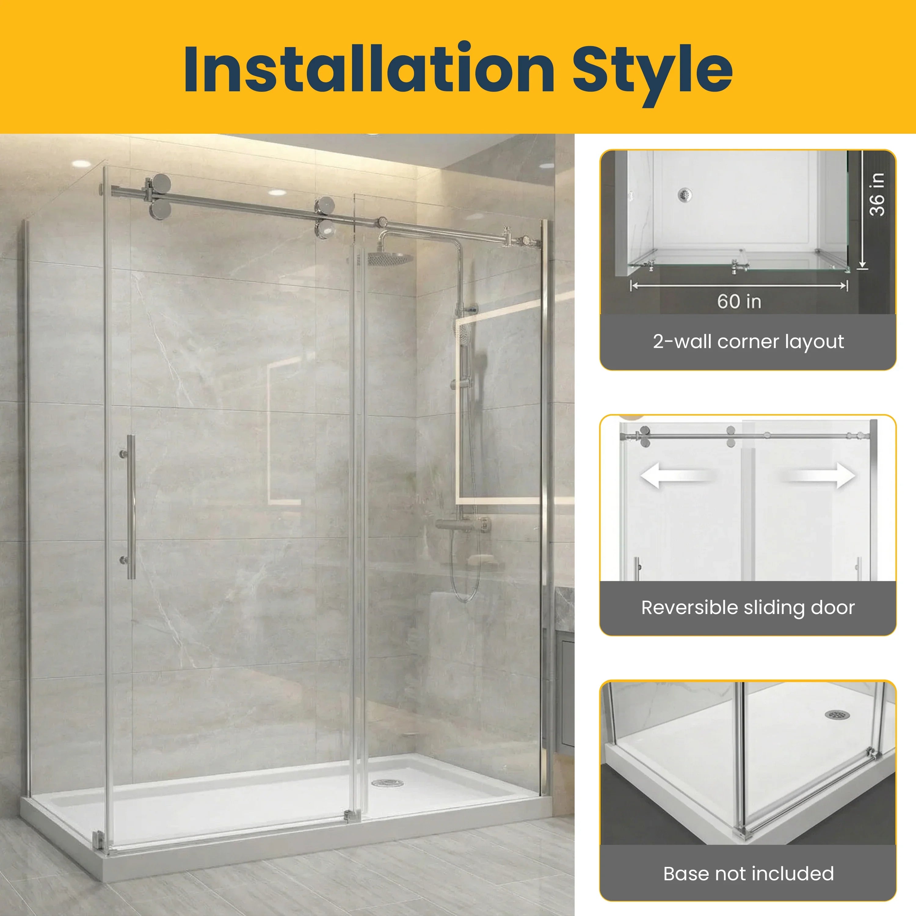 60" x 36" x 75" Reversible Sliding Shower Door with Round Chrome Hardware – 10mm Tempered Glass