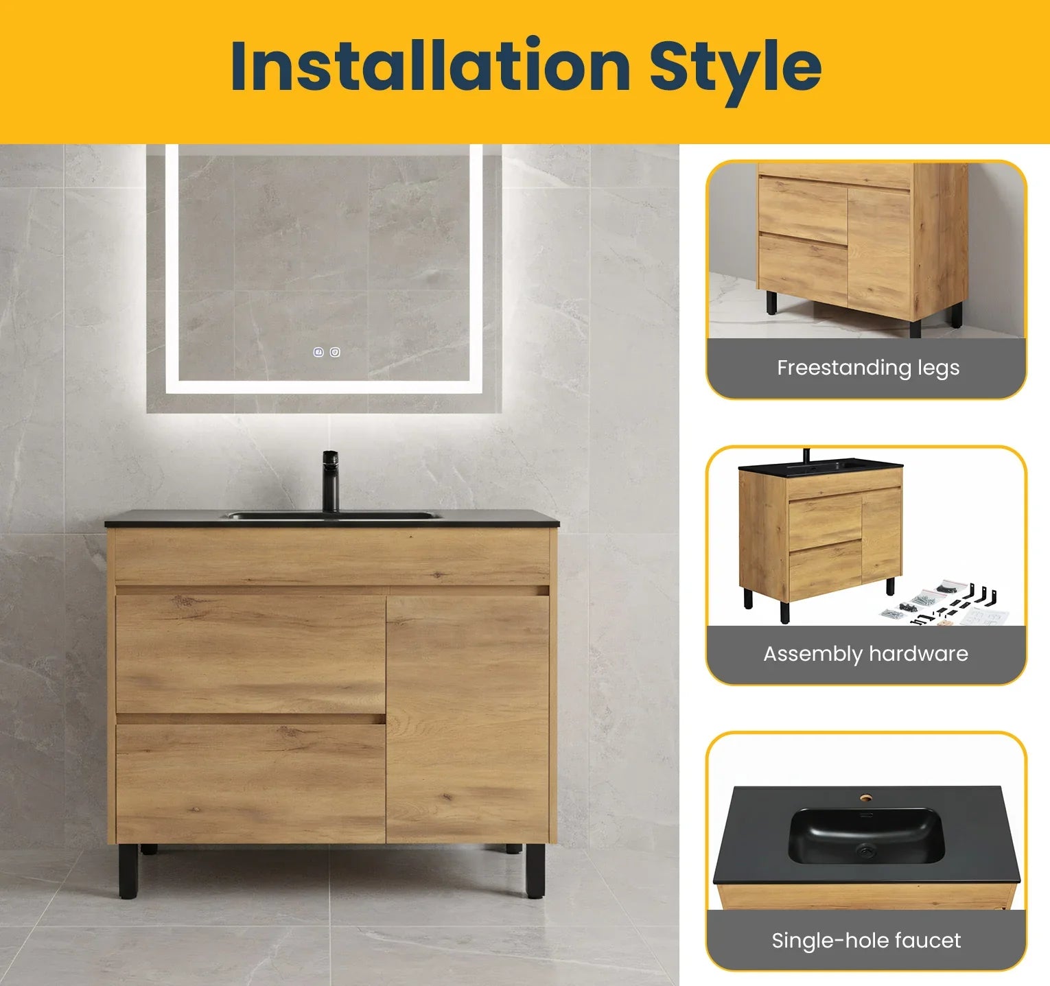 40" Frosted Oak Freestanding Single Sink Bathroom Vanity with Black Ceramic Countetop