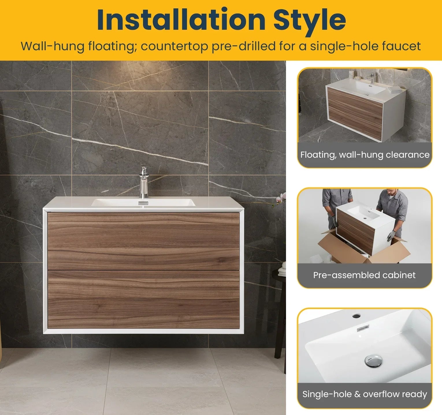 Meuble-lavabo mural en noyer de 36" avec Comptoir en polymarbre blanc