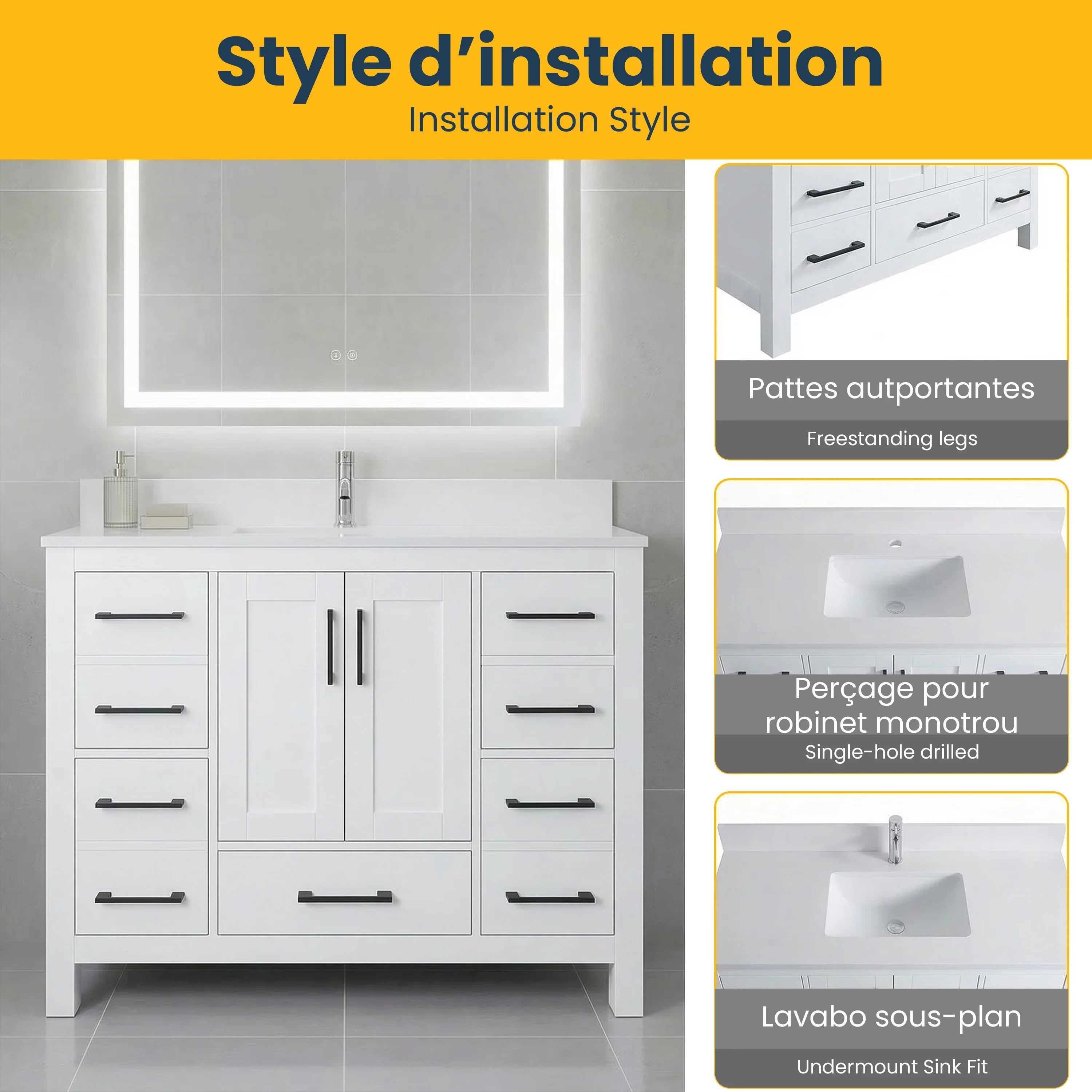 42" White Freestanding Single Sink Bathroom Vanity with Engineered White Marble Countertop