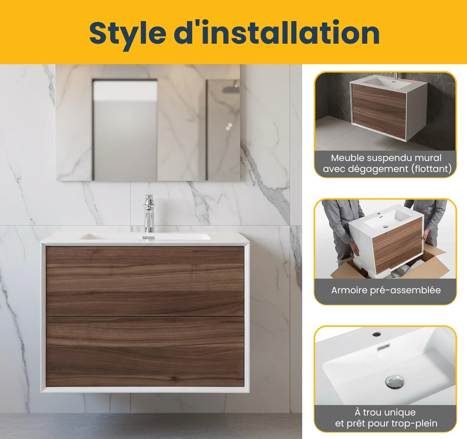 Meuble-lavabo mural en noyer 30" avec Comptoir en polymarbre blanc