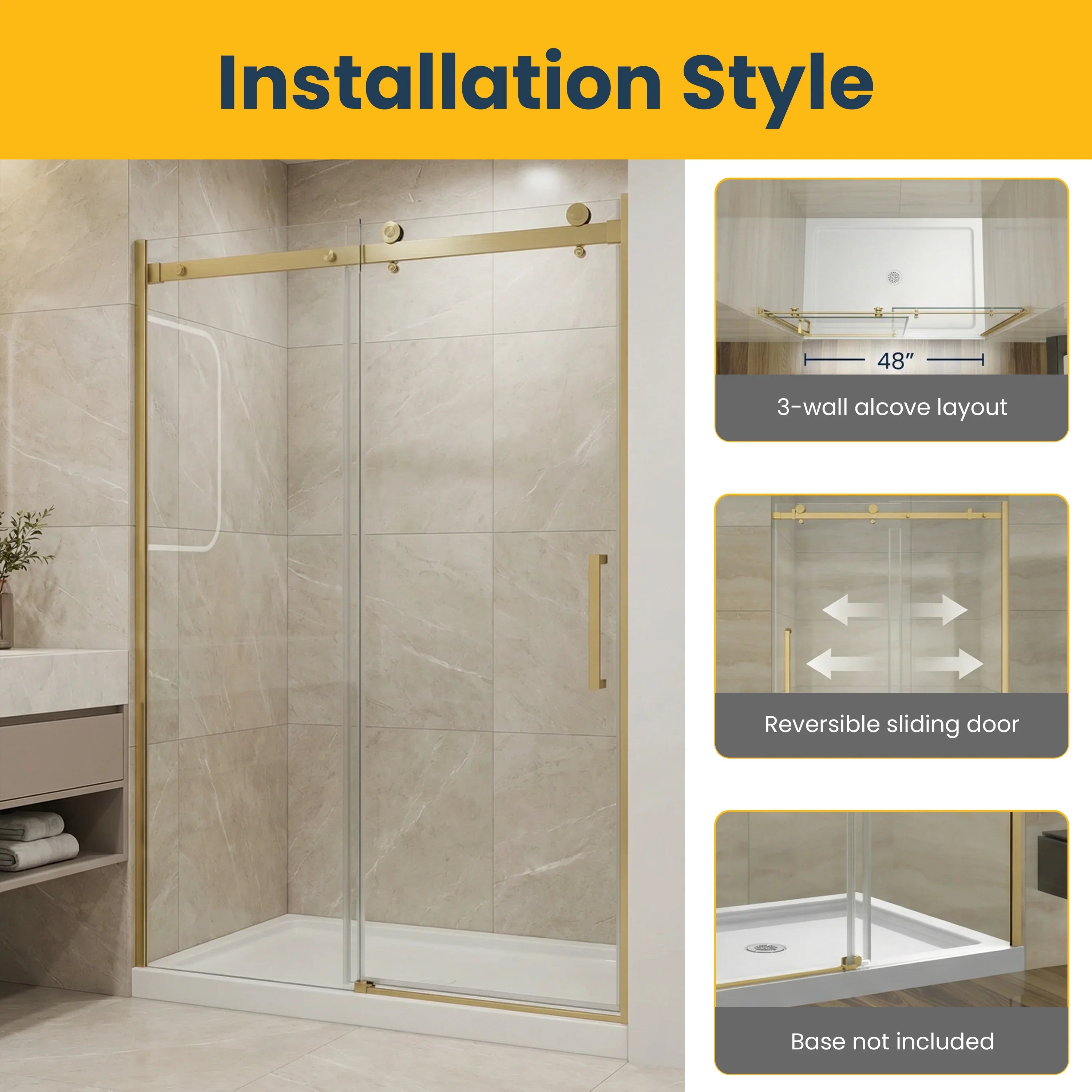 48" x 75" Brushed Gold Alcove Reversible Sliding Shower Door with Square Hardware