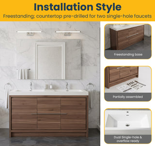 60" Walnut Freestanding Double Sink Bathroom Vanity with White Polymarble Countertop