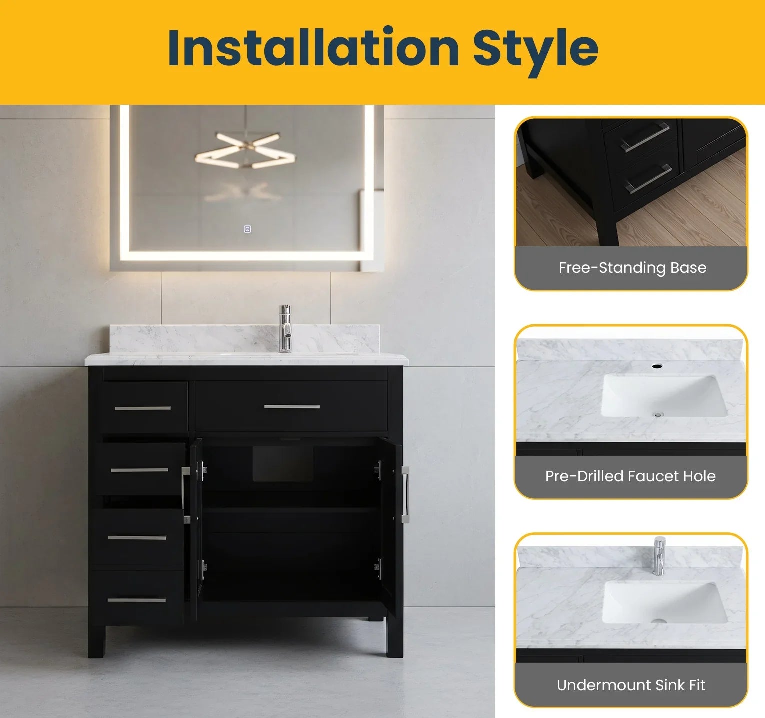 Meuble Lavabo Autoportant Noir 36po avec Comptoir en Marbre Carrera