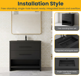 36" Black Rough Oak Freestanding Bathroom Vanity with Black Engineered Quartz Countertop