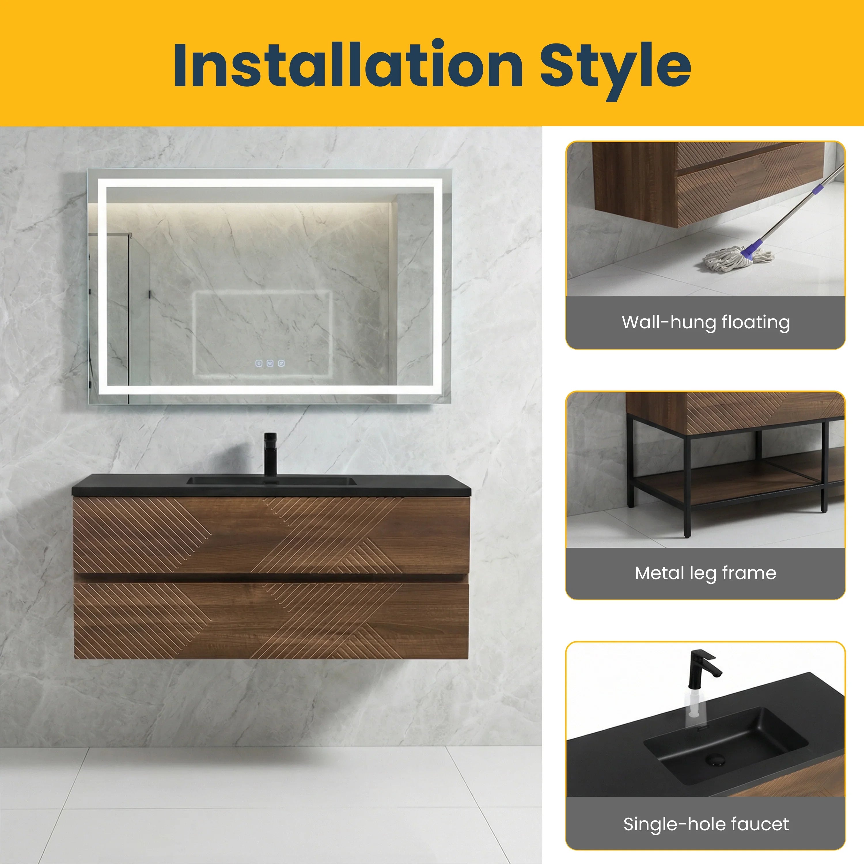 48" Walnut Wall Mount Single Sink Bathroom Vanity with Black Engineered Quartz Countertop