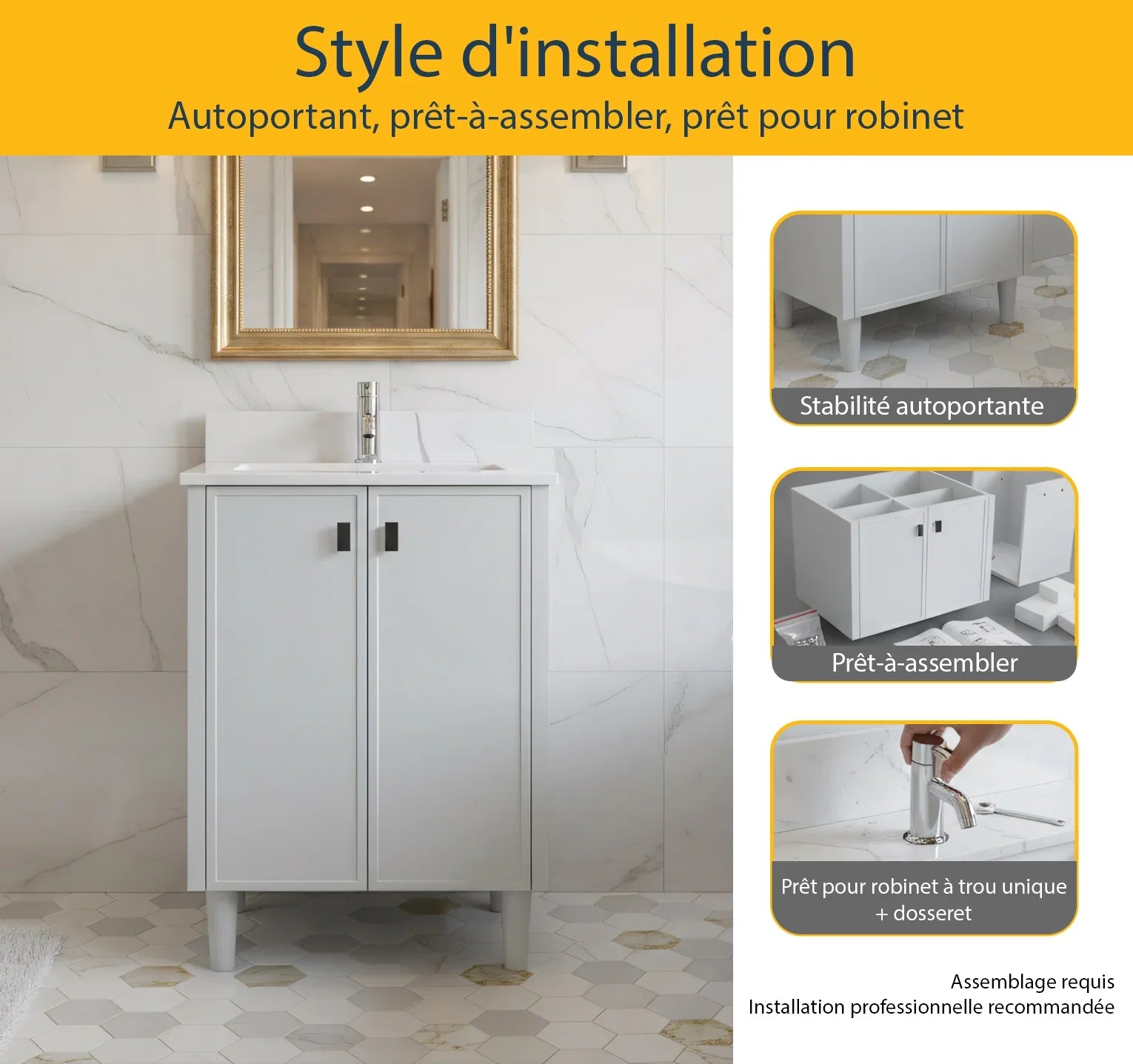 Meuble Lavabo Autoportant 24po Gris Hampton avec Comptoir Marbre Calcutta