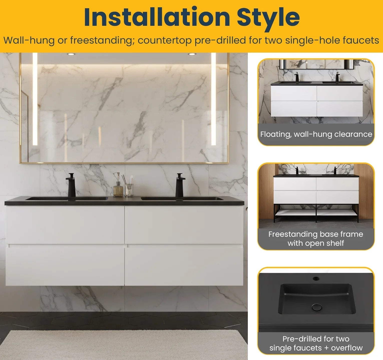 60" White Wall Mount Double Sink Bathroom Vanity with Black Engineered Quartz Countertop