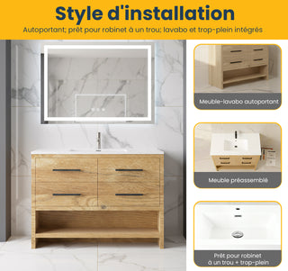Meuble-lavabo autoportant en chêne brut de 48" avec Comptoir en polymarbre blanc