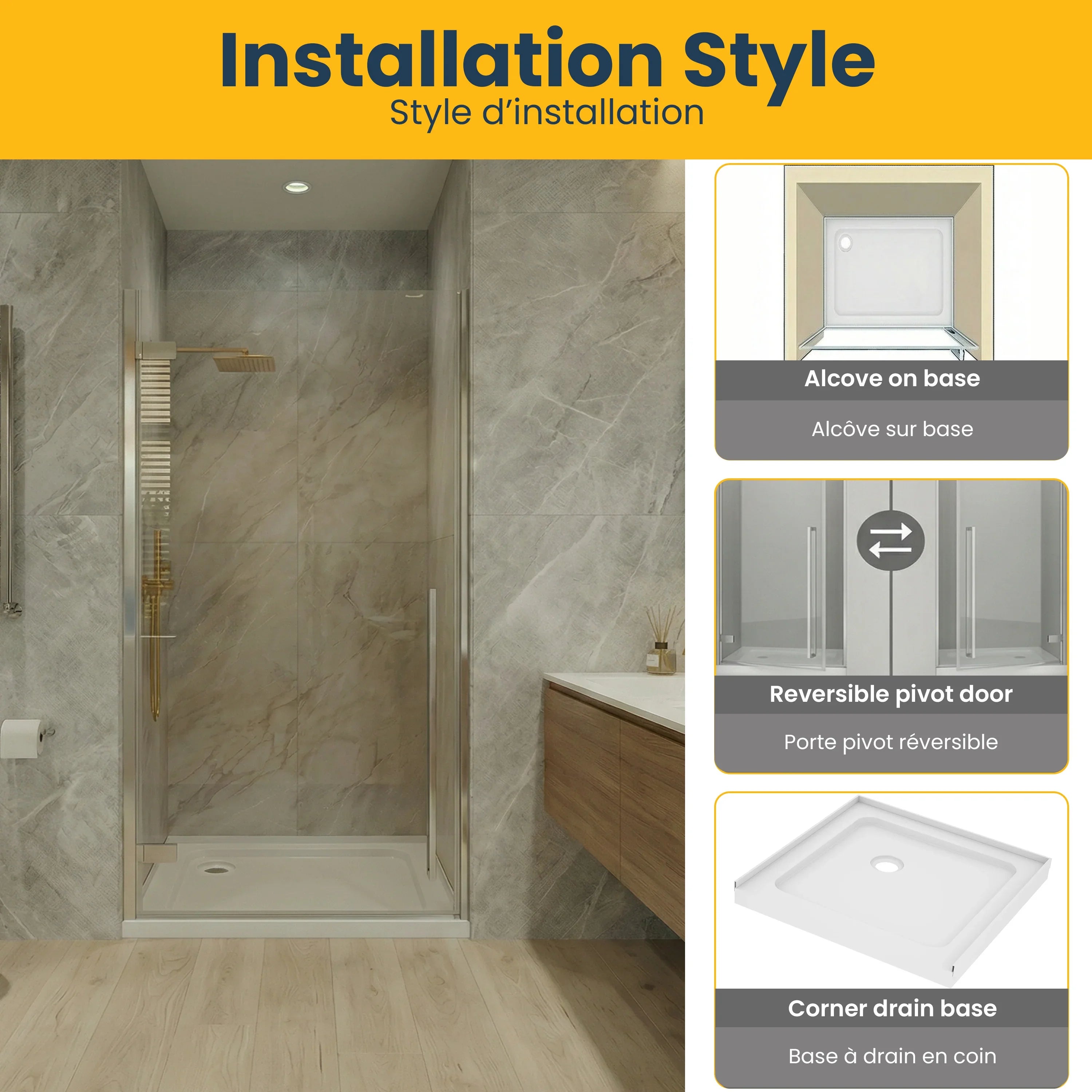 Porte de douche pivotante chromée 36po x 79po avec base acrylique blanche 36po