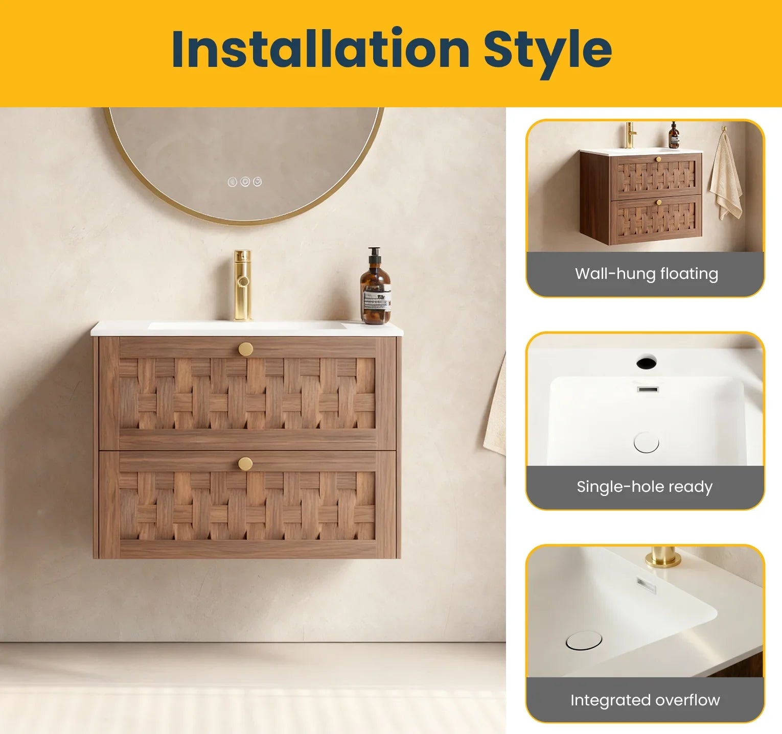 Meuble-lavabo mural 30po en noyer naturel avec comptoir en surface solide blanc mat