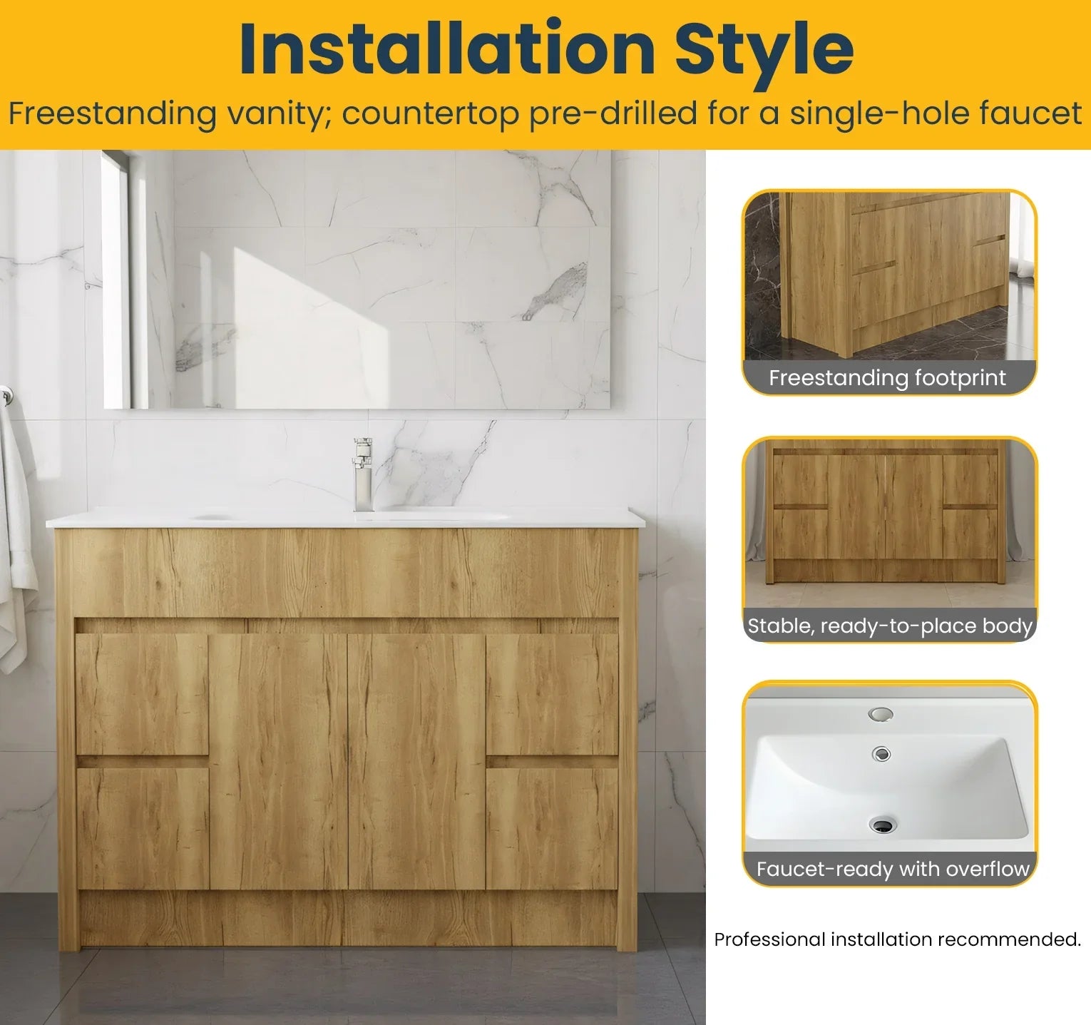 Meuble-Lavabo Autoportant 48po Chêne Givré avec Comptoir de Céramique Blanc