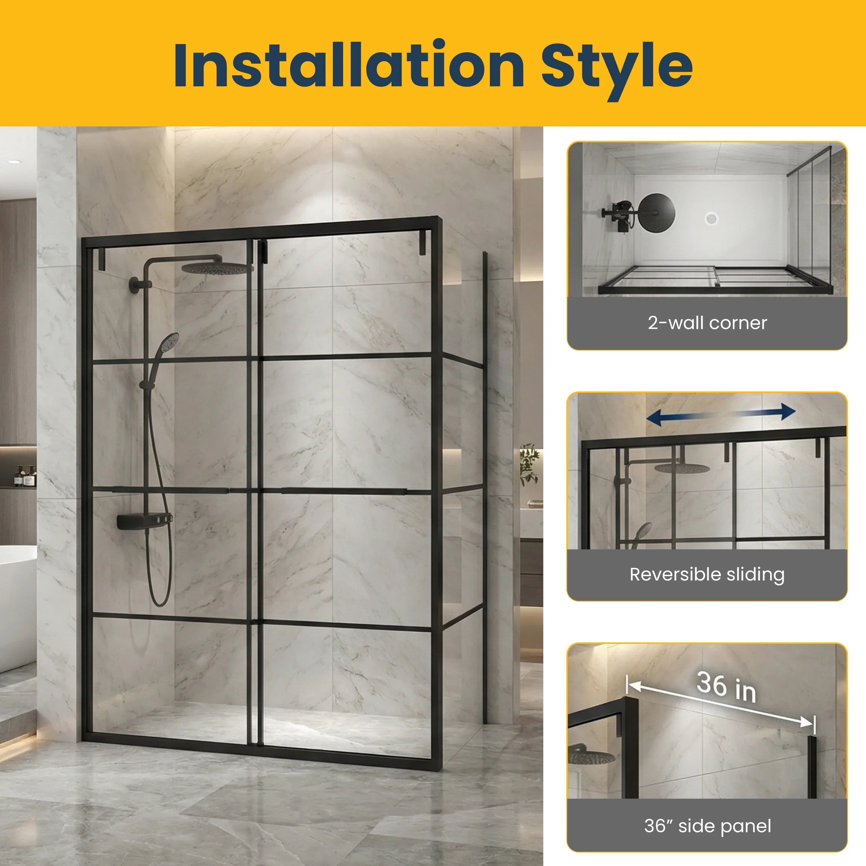 60" x 79" Matte Black Framed Sliding Shower Door with 36" Side Panel