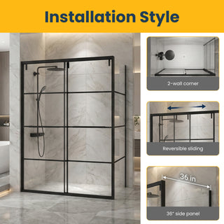 60" x 79" Framed Reversible Sliding Shower Door with 36" Side Panel in Matte Black and Clear Glass Without Base