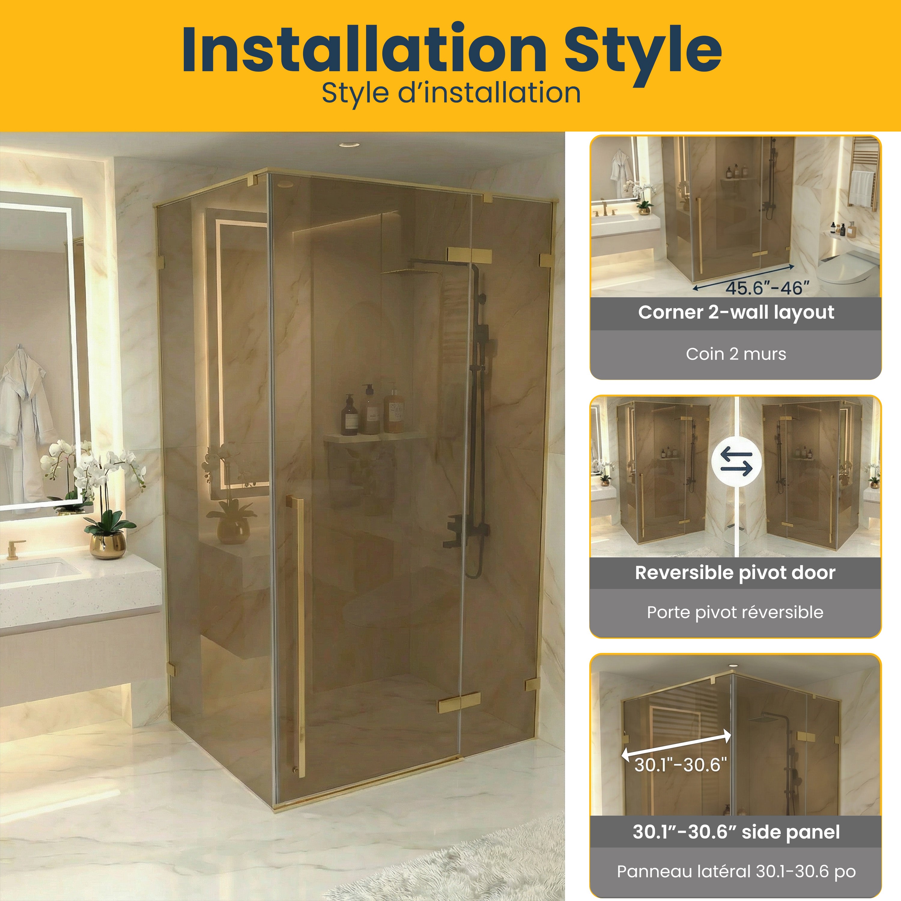 45,6po–46po L (largeur ajustable) x 79po H Porte de douche pivotante réversible sans cadre en or brossé avec verre teinté brun et panneau latéral 30,2po–30,5po