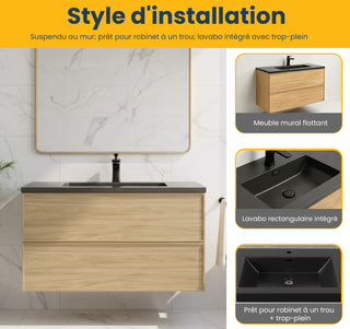 Meuble-Lavabo Mural 36po Noyer Couchant avec Comptoir de Quartz d'ingénierie Noir