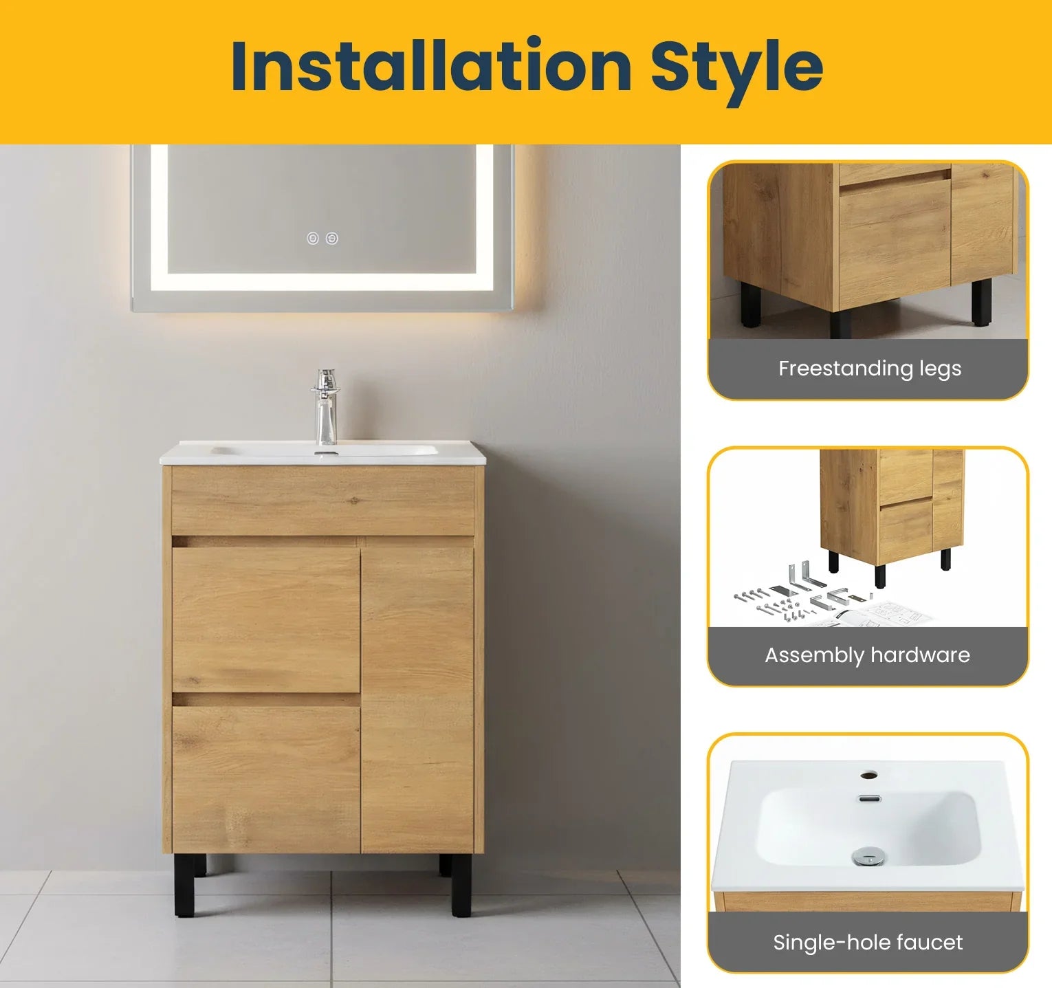 Meuble-Lavabo Autoportant 24po Chêne Givré avec Comptoir de Céramique Blanc