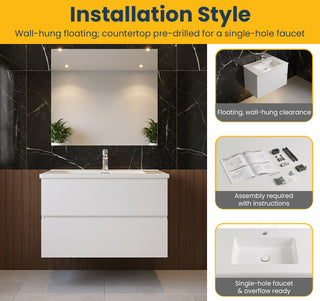 Meuble-lavabo mural blanc 30" pour salle de bain avec Comptoir en polymarbre blanc