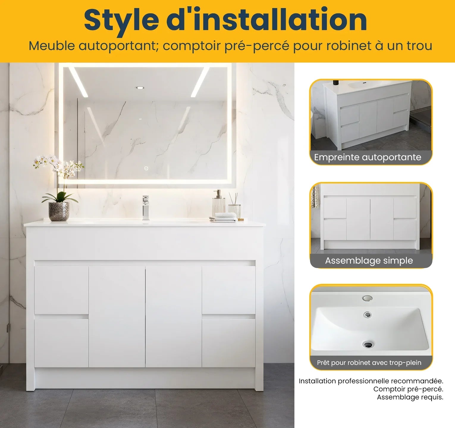 Meuble-Lavabo Autoportant 48po Blanc Mat avec Comptoir de Céramique Blanc