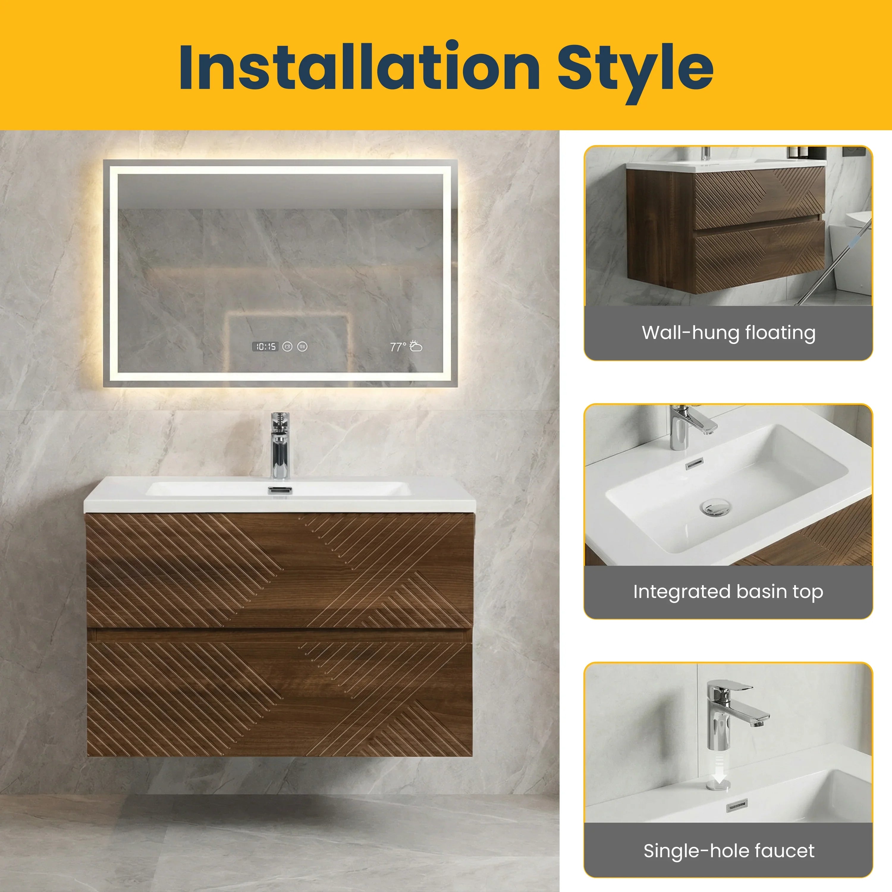 30" Walnut Wall Mount Single Sink Bathroom Vanity with White Polymarble Countertop