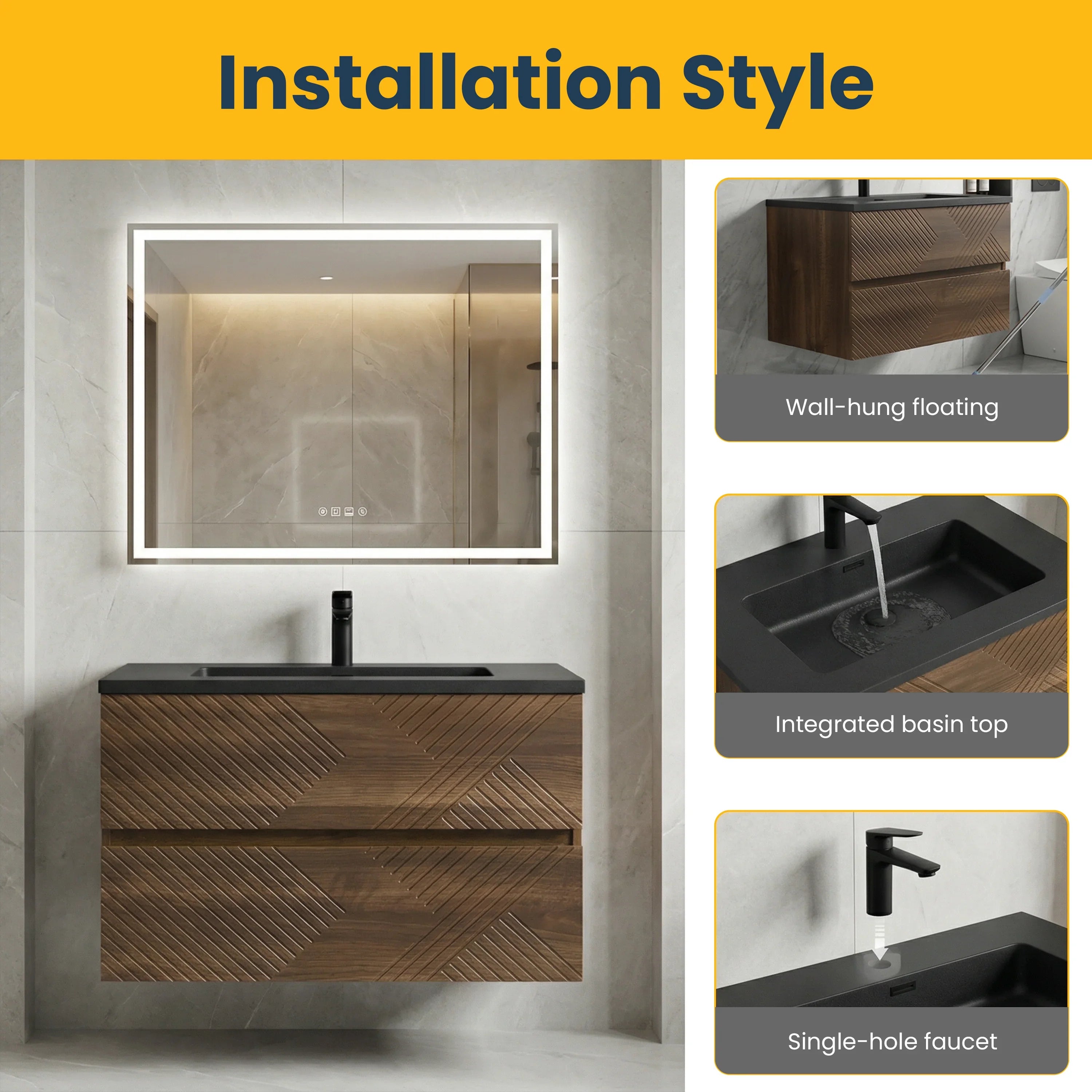 30" Walnut Wall Mount Single Sink Bathroom Vanity with Black Engineered Quartz Countertop