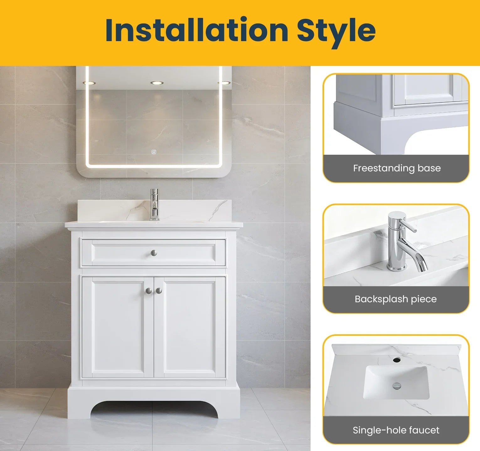 Meuble-lavabo de salle de bain autoportant blanc 30" avec Comptoir en marbre Calcutta reconstitué