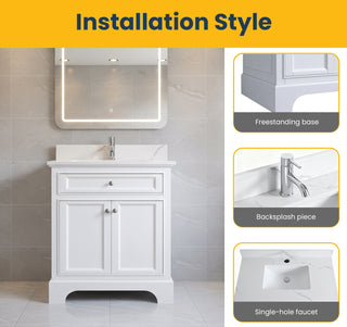 30" White Freestanding Bathroom Vanity with Engineered Calcutta Marble Countertop