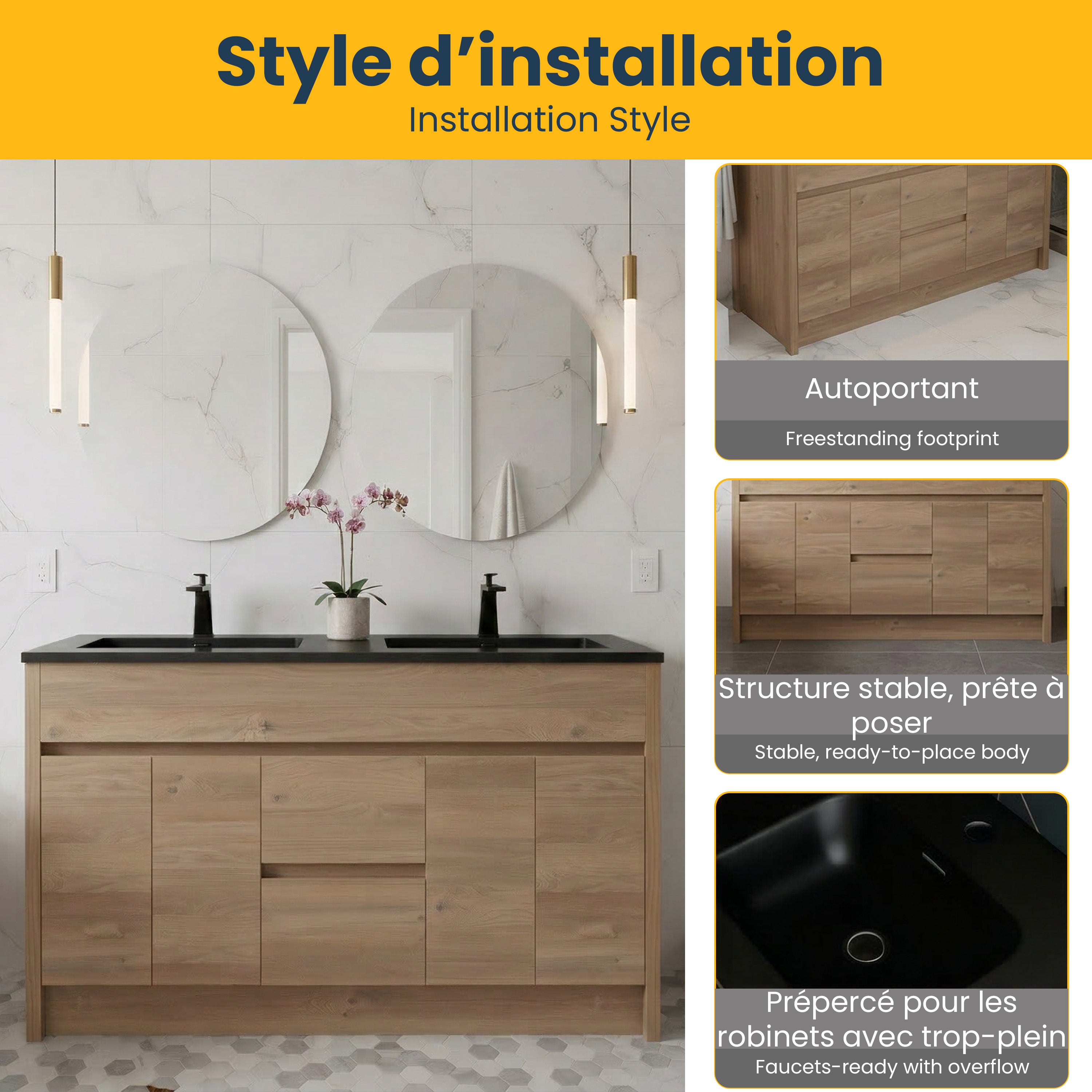 Meuble-Lavabo Autoportant 60po Chêne Brut avec Comptoir de Quartz d'ingénierie Noir