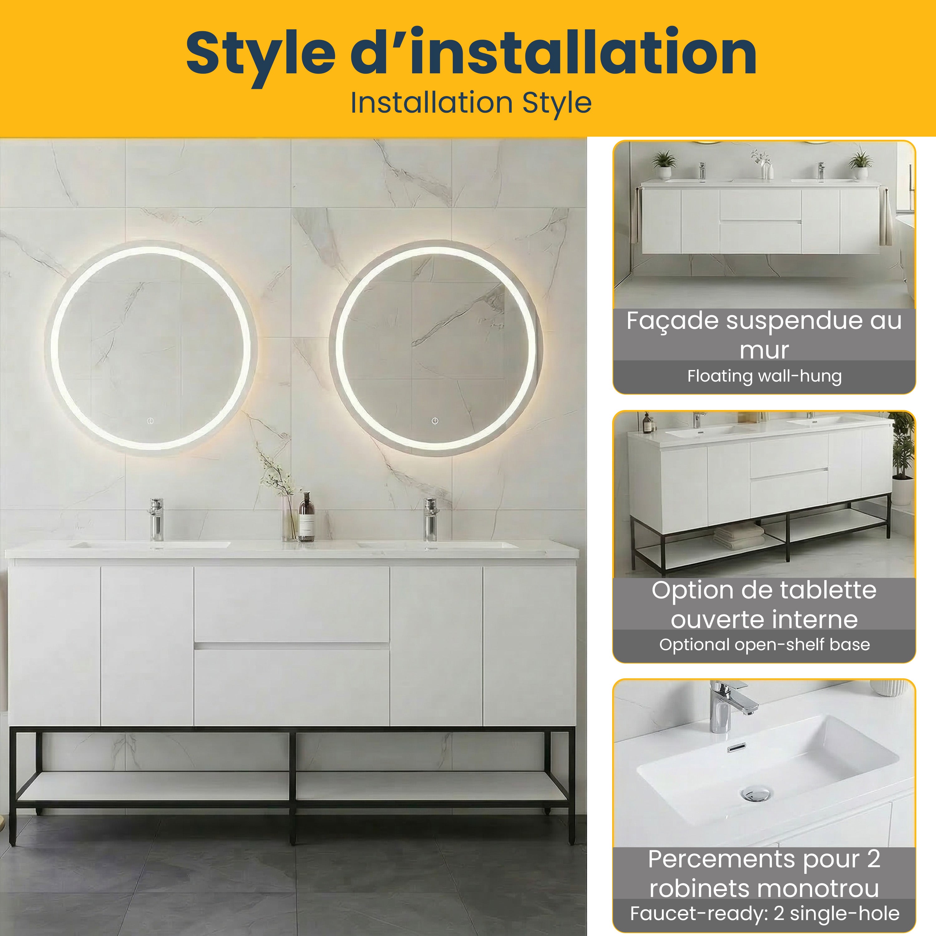 72" White Wall Mount Double Sink Bathroom Vanity with White Polymarble Countertop