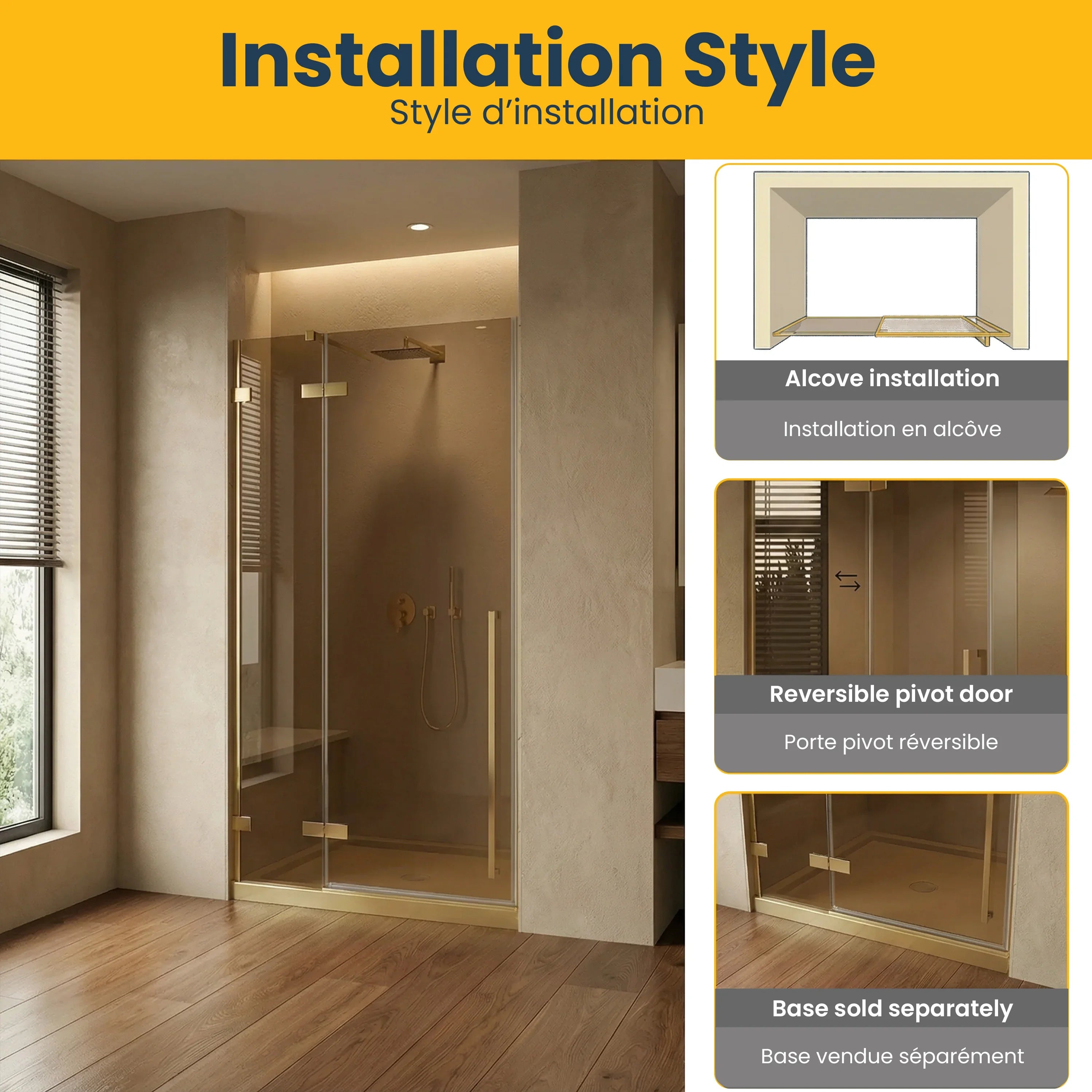 Porte de Douche Pivotante Réversible 48 x 79 po en Or Brossé avec Verre Teinté Brun