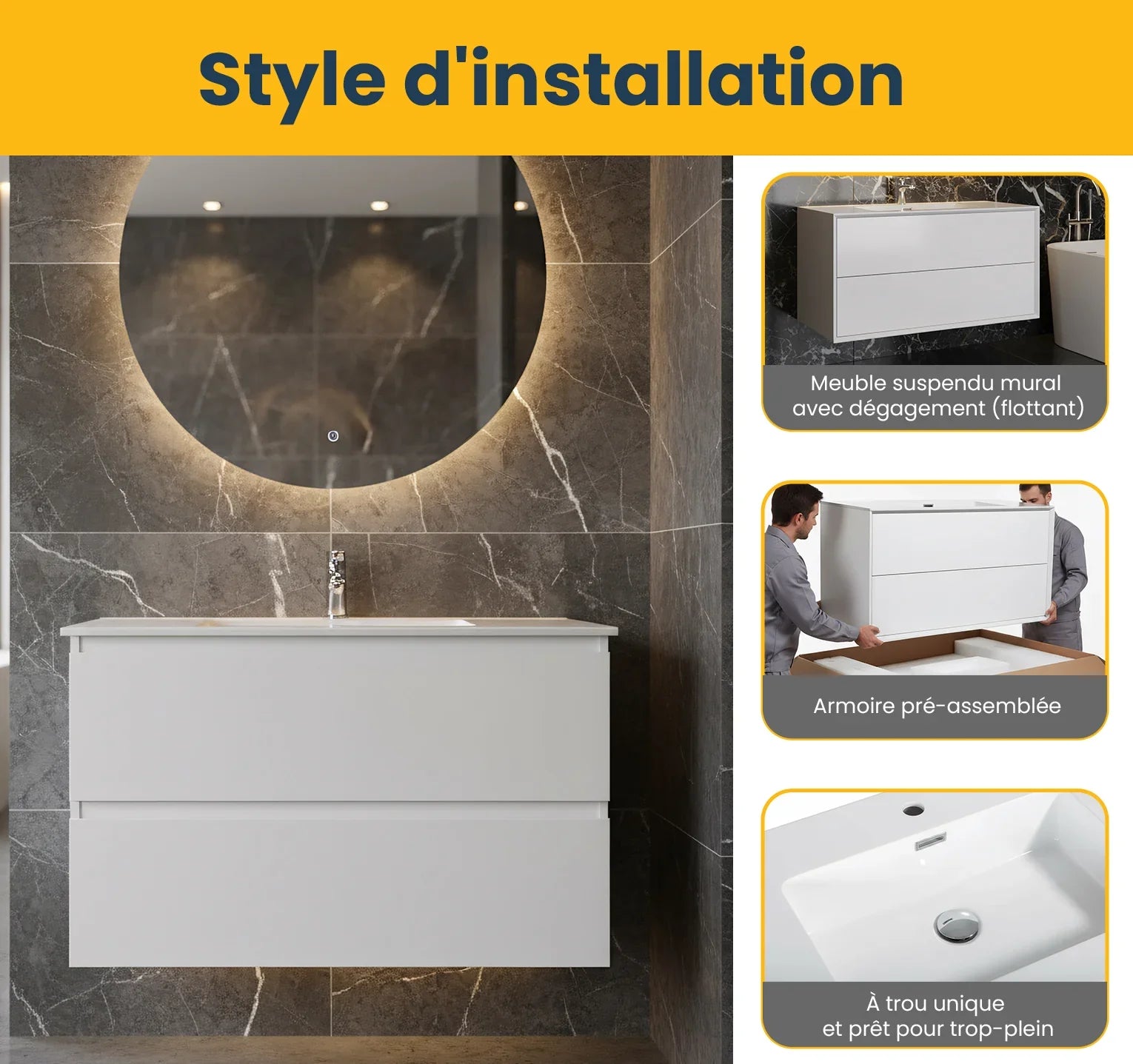 36" White Wall Mount Vanity with White Polymarble Countertop