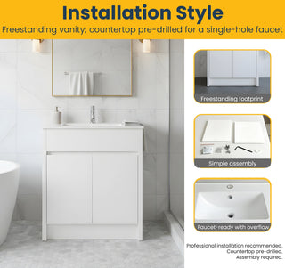 Meuble-Lavabo Autoportant 30po Chêne Blanc avec Comptoir de Céramique Blanc