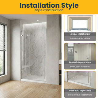 48 po x79 po Panneau de Porte de Douche Fixe/Pivotante Chrome Réversible avec Verre Clair sans base
