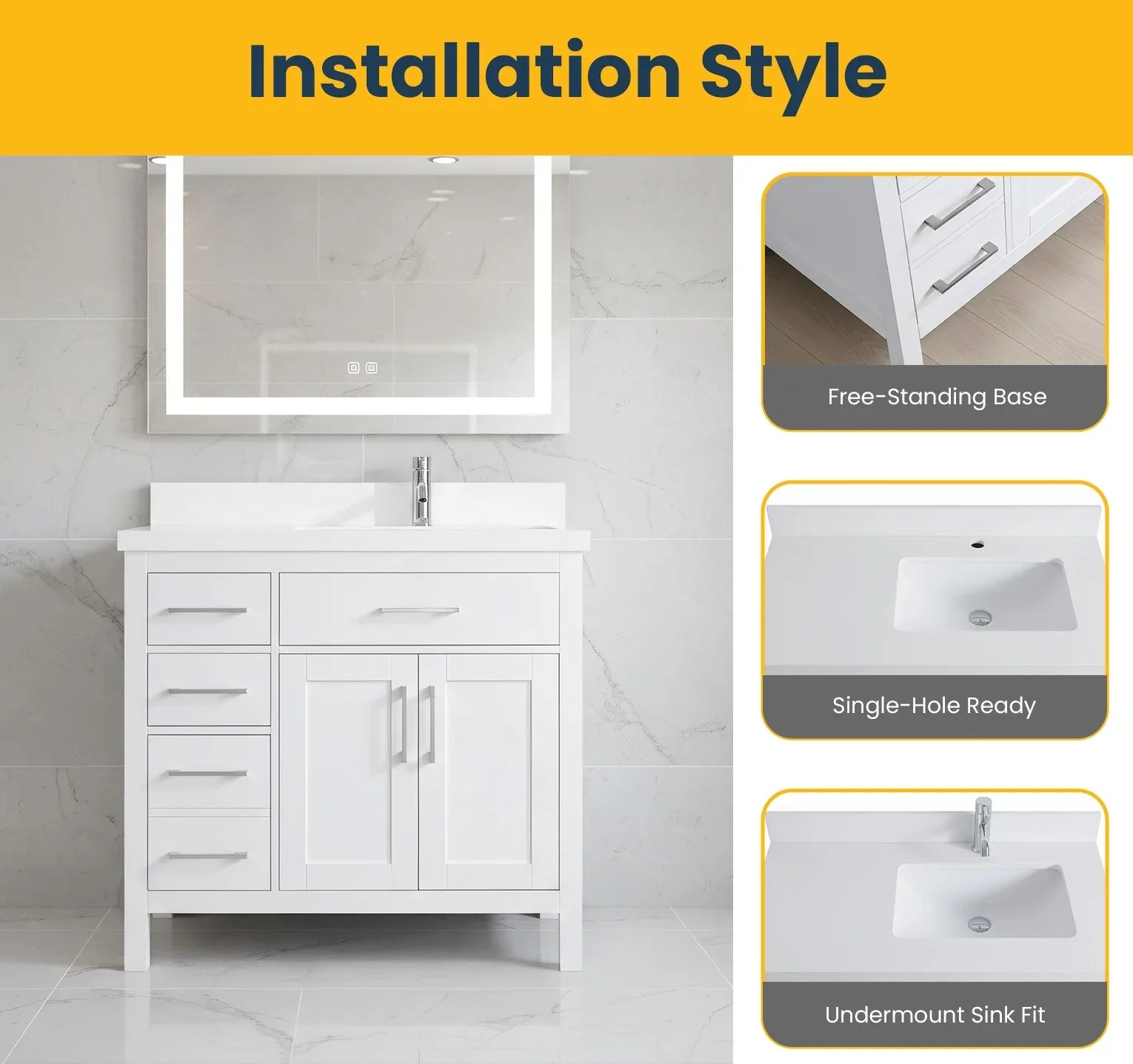 36" White Freestanding Single Sink Bathroom Vanity with Snow White Quartz Countertop